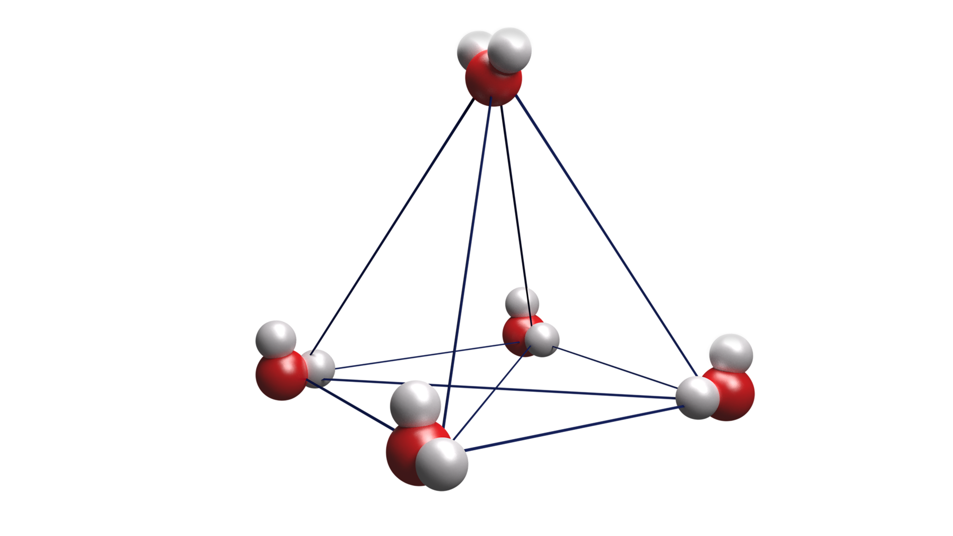 Ilustracja przedstawiająca strukturę wody w stanie stałym. Cząsteczki tworzą ostrosłup, którego podstawę stanowi kwadrat. W wierzchołach zaś znajdują się cząsteczki wody zbudowane z dwóch atomów wodoru symbolizowanych przez białe kulki oraz z jednego atomu tlenu symbolizowanego przez czerwoną kulkę. W sumie pięć cząsteczek.