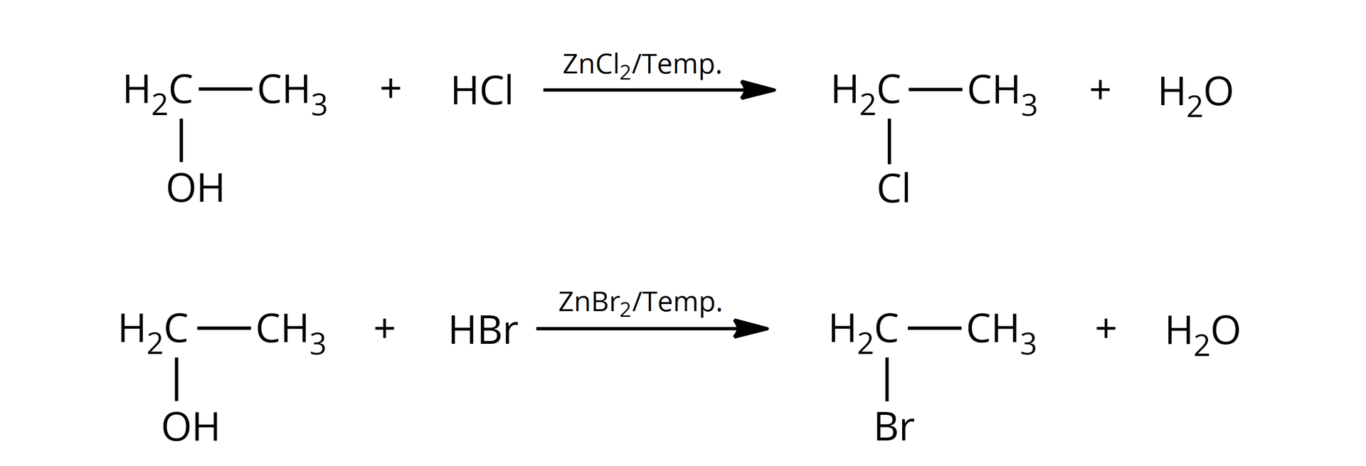 Ilustracja przedstawia dwa równania reakcji: pierwsze równanie: <math aria‑label="H O — C H indeks dolny, dwa, koniec indeksu dolnego, — C H indeks dolny, trzy, koniec indeksu dolnego, plus, H C l zet en C l indeks dolny, dwa, koniec indeksu dolnego, / temperatura powyżej, strzałka w prawo, C l — C H indeks dolny, dwa, koniec indeksu dolnego, — C H indeks dolny, trzy, koniec indeksu dolnego, plus, H indeks dolny, dwa, koniec indeksu dolnego, O">HO—CH2—CH3+HCl→ZnCl2/temperaturaCl—CH2—CH3+H2O oraz drugie równanie: <math aria‑label="H O — C H indeks dolny, dwa, koniec indeksu dolnego, — C H indeks dolny, trzy, koniec indeksu dolnego, plus, H B r zet en B r indeks dolny, dwa, koniec indeksu dolnego, / temperatura powyżej, strzałka w prawo, B r — C H indeks dolny, dwa, koniec indeksu dolnego, — C H indeks dolny, trzy, koniec indeksu dolnego, plus, H indeks dolny, dwa, koniec indeksu dolnego, O">HO—CH2—CH3+HBr→ZnBr2/temperaturaBr—CH2—CH3+H2O.