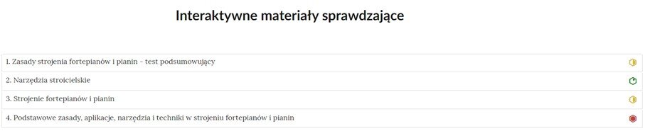 Grafika przedstawia widok interaktywnego materiału sprawdzającego, czyli zbioru poszczególnych zadań w formie listy z nazwami zadań, gdzie po kliknięciu w nazwę zadania pojawi się jego zawartość. Na liście, na prawo od nazwy każdego zadania widnieje ikonka informująca o poziomie trudności danego zadania.