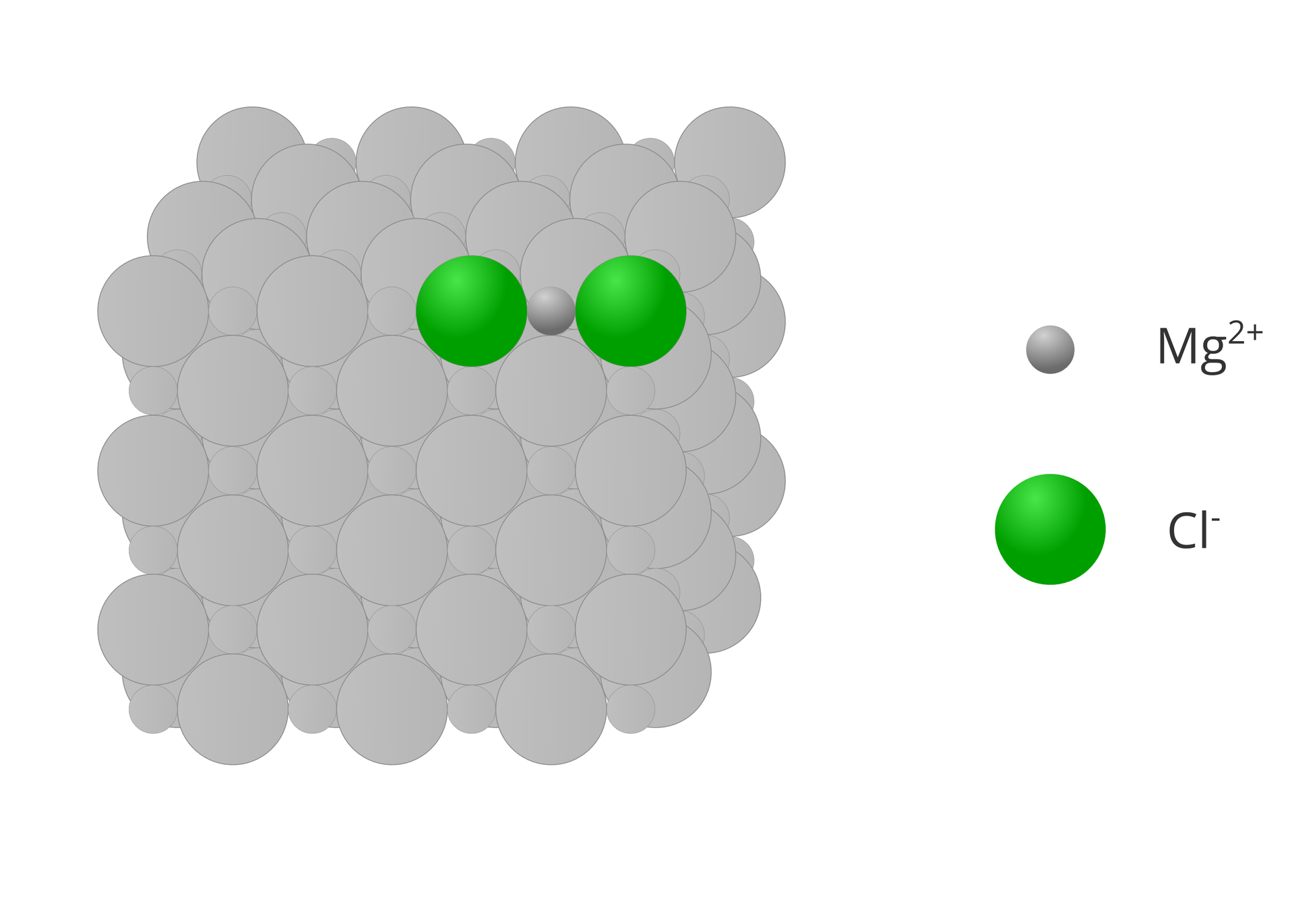 Ilustracja przedstawia wycinek atomowego modelu kryształku chlorku magnezu. Z lewej strony widoczny jest sześcian składający się z większych i mniejszych kół złożonych w regularny deseń, które dla większej czytelności obrazka zostały wyszarzone. Dwa aniony chlorkowe i jeden anion magnezowy tworzące cząsteczkę zostały wyróżnione kolorami, a po prawej stronie znajduje się ich opis z symbolami Mg2+ i Cl-.