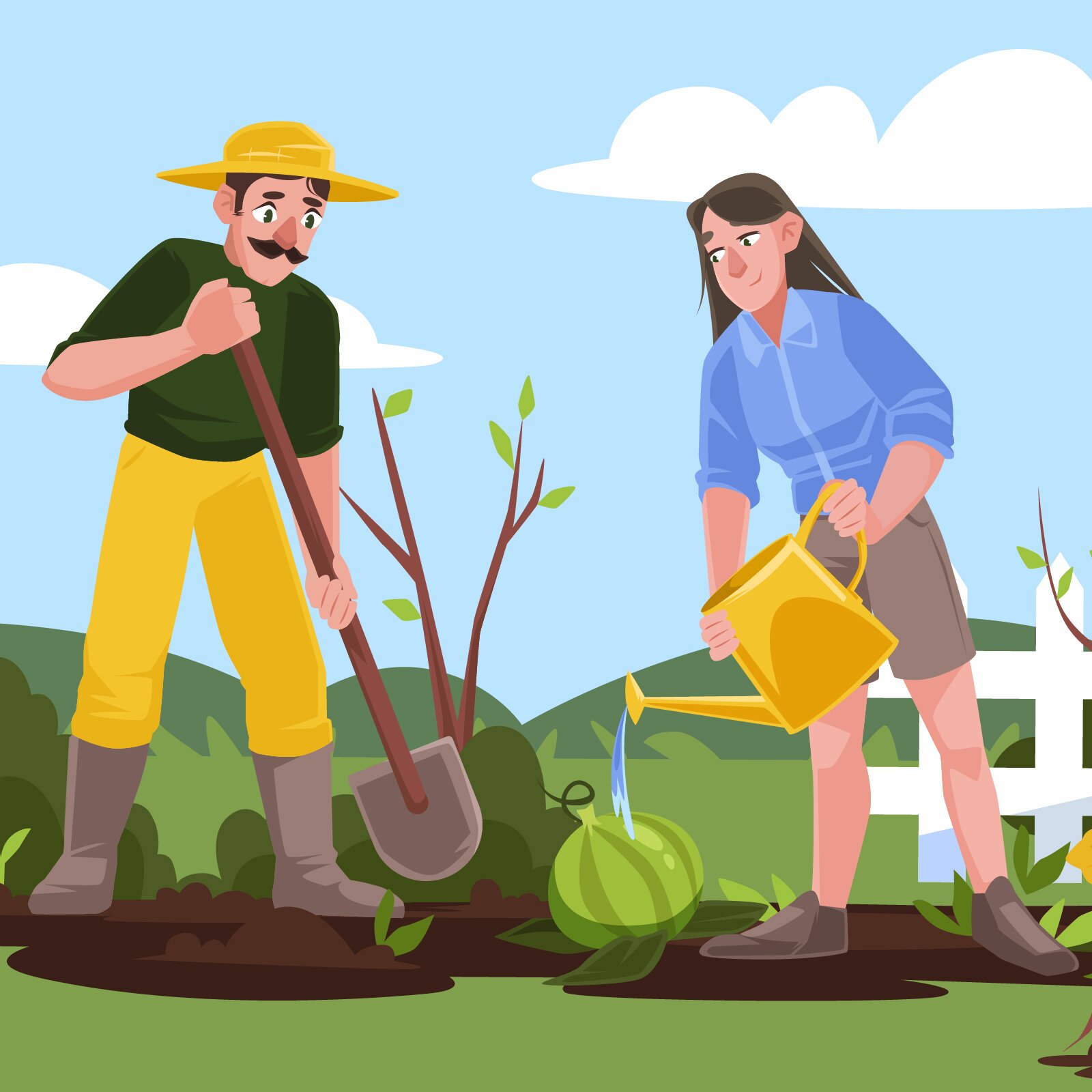 Ilustracja przedstawia dwie osoby sadzące kwiaty w ogrodzie. 