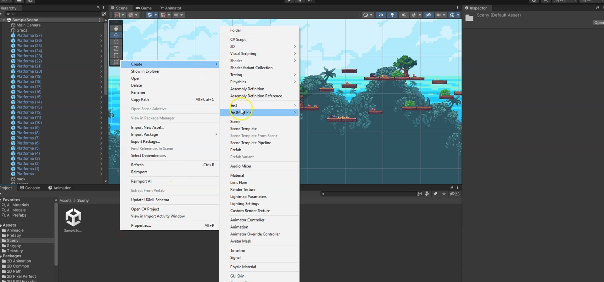Na ilustracji widoczne jest okno programu do tworzenia gier. W tle widoczna jest gra z platformami do przeskakiwania. Tłem gry jest  las. W środkowej części ekranu widoczne są trzy zakładki. Scene, Game, Animator.  Aktywna jest zakładka Scene. Rozwinięte są dwie listy wyboru. Na pierwszej liście z lewej strony zaznaczona jest opcja Create. Na drugiej liście po prawej stronie zaznaczona jest opcja TextMashPro. 