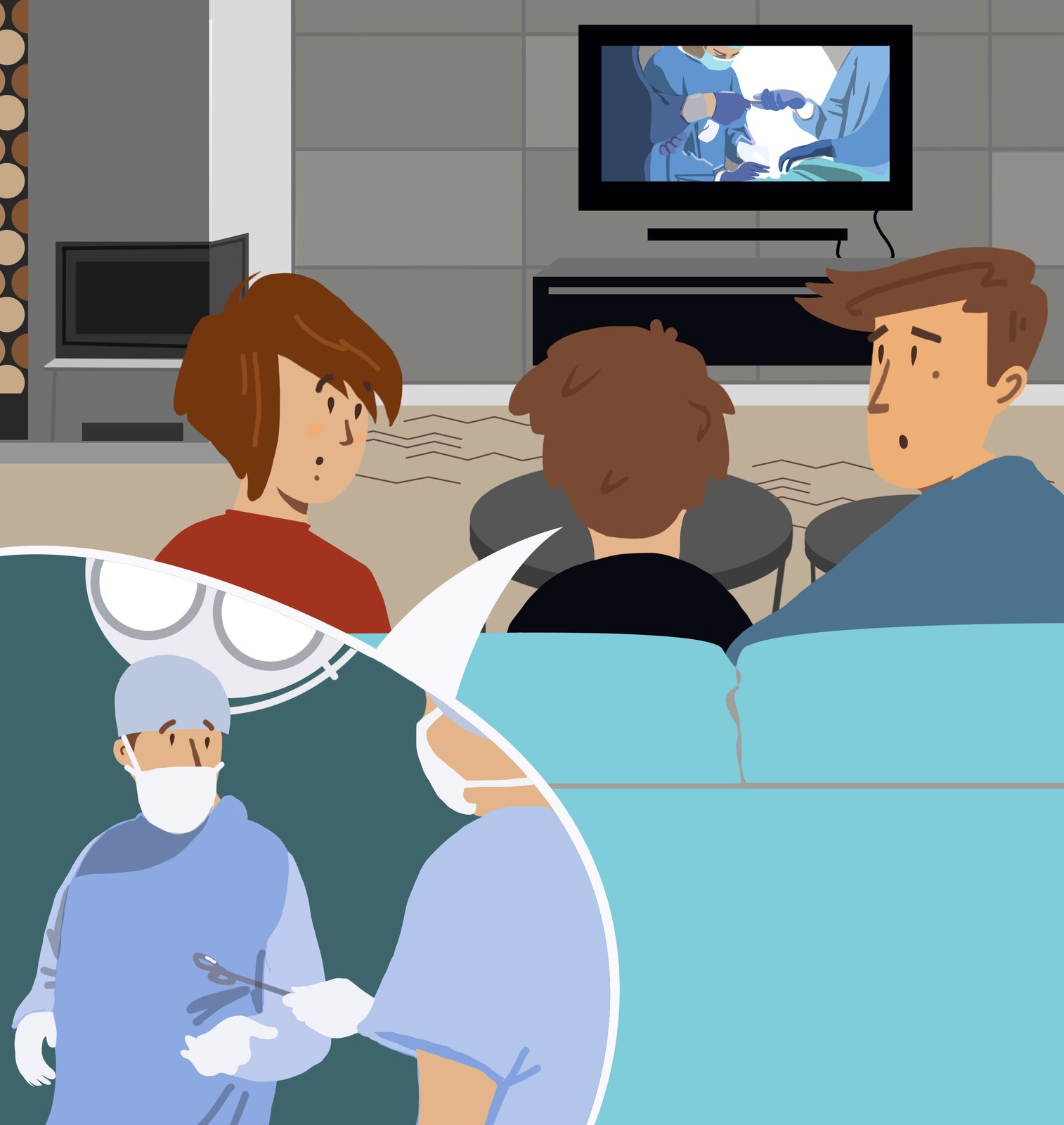 Na ilustracji znajduje się rodzina oglądająca operację w telewizji. Przy głowie chłopca pojawia się dymek, który przedstawia dwóch chirurgów. 