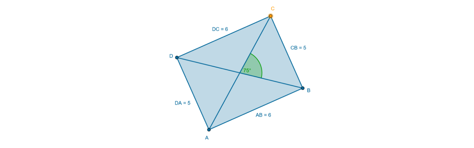 Rysunek przedstawia prostokąt A B C D z zaznaczonymi bokami DC=6, CB=5, AB=6, DA=5. Widoczne są jego przekątne: AC i BD. Pomiędzy przekątnymi zmierzono i oznaczono miarę kąta: 75 stopni.
