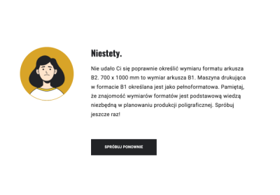 Grafika przedstawia komunikat wyświetlany po udzieleniu niepoprawnej odpowiedzi oraz przycisk spróbuj ponownie. Na grafice widać również element dekoracyjny w formie narysowanego awataru uczennicy, na której twarzy widać smutek.