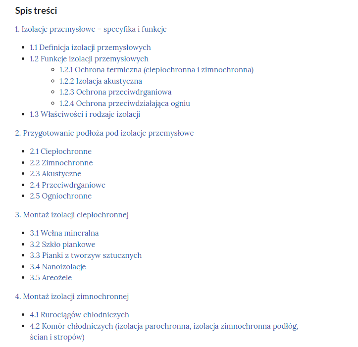 Zdjęcie przedstawia przykładowy wygląd spisu treści e‑booka. Składa się on z ośmiu punktów.