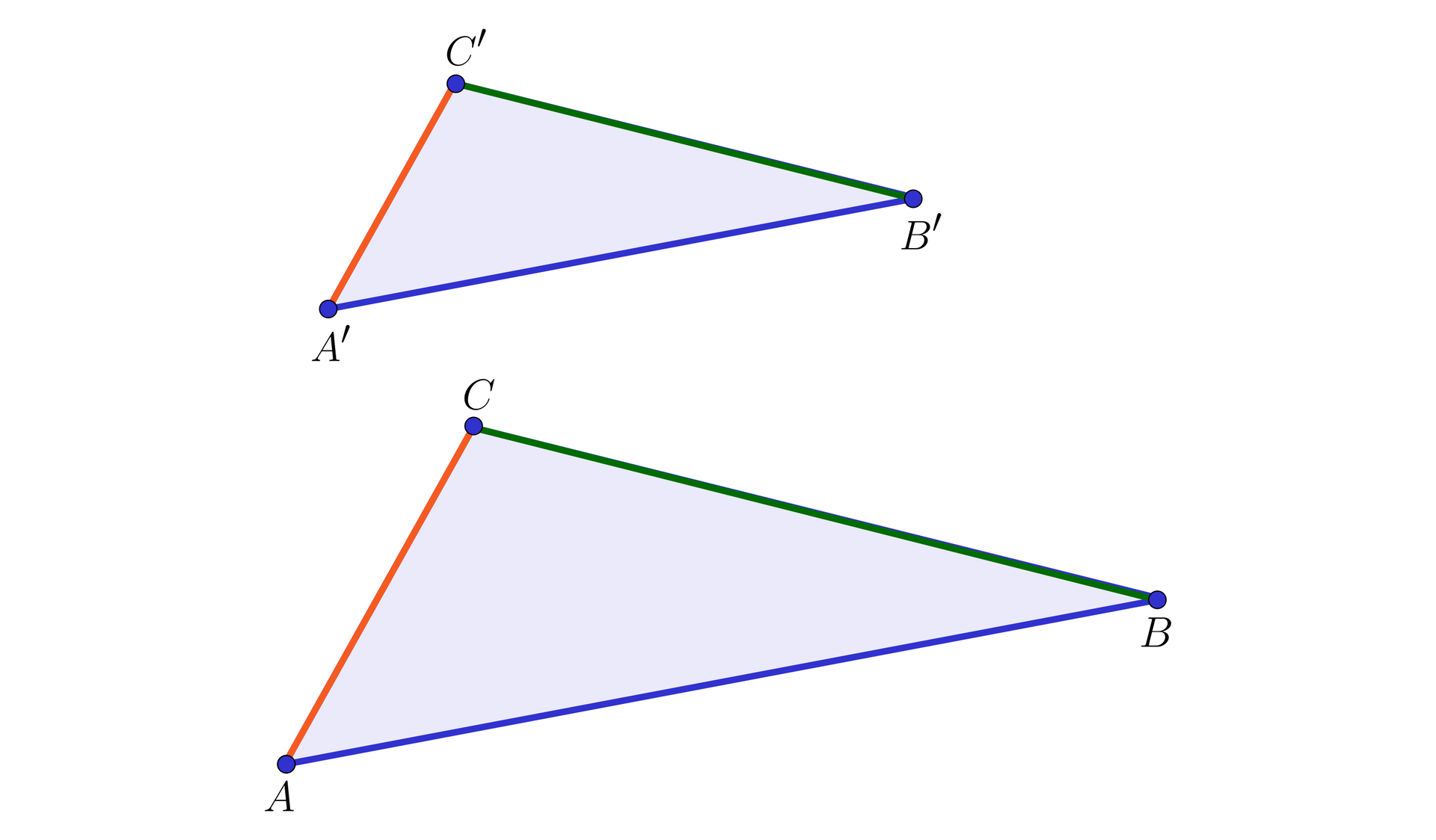 Na ilustracji przedstawiono trójkąt ABC, oraz mniejszy A'B'C'. Kolorem pomarańczowym zaznaczono bok AC, oraz A'C'. Kolorem zielonym zaznaczono bok BC, oraz B'C'. Kolorem niebieskim zaznaczono bok AB oraz A'B'.