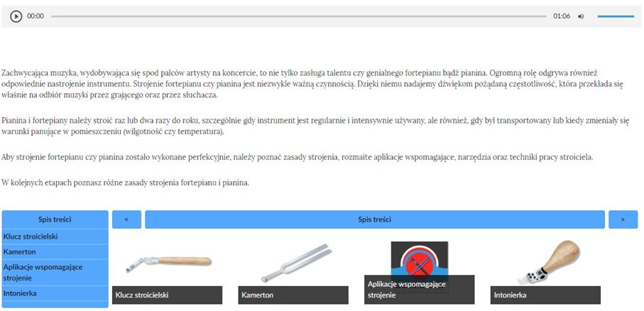 Grafika przedstawia początkowy widok planszy interaktywnej zatytułowanej Zagadnienia dotyczące strojenia fortepianów i pianin.