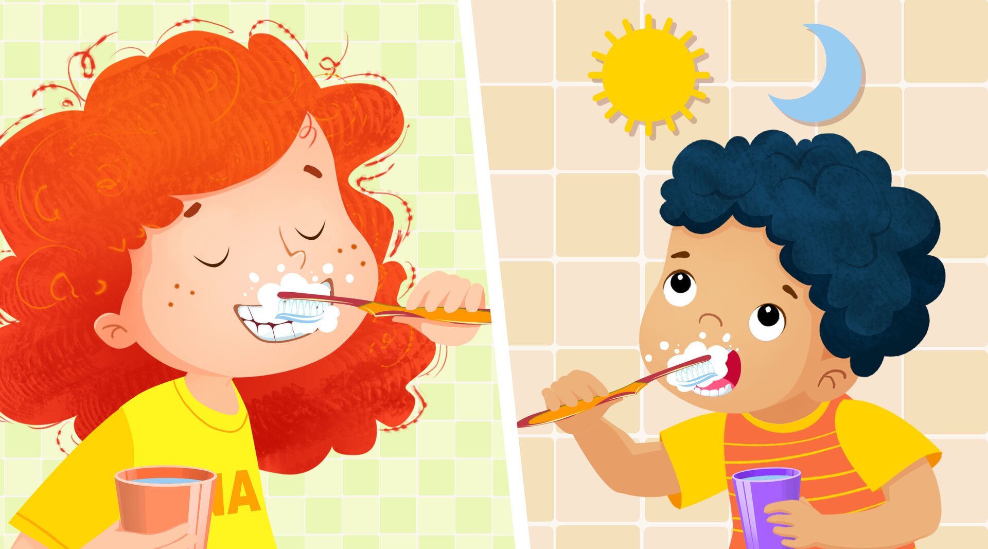 Ilustracja przedstawia dziewczynkę i chłopca myjących zęby. Dziewczynka to Lina. Lina to rudowłosa i piegowata dziewczynka. Ubrana jest w żółtą koszulkę. Chłopiec to Alex. Ma krótkie czarne kręcone włosy i ubrany jest w koszulkę w pomarańczowo‑żółte pasy i żółte krótkie rękawki. Ćwiczenie alternatywne wyświetla się w trybie dostępności.