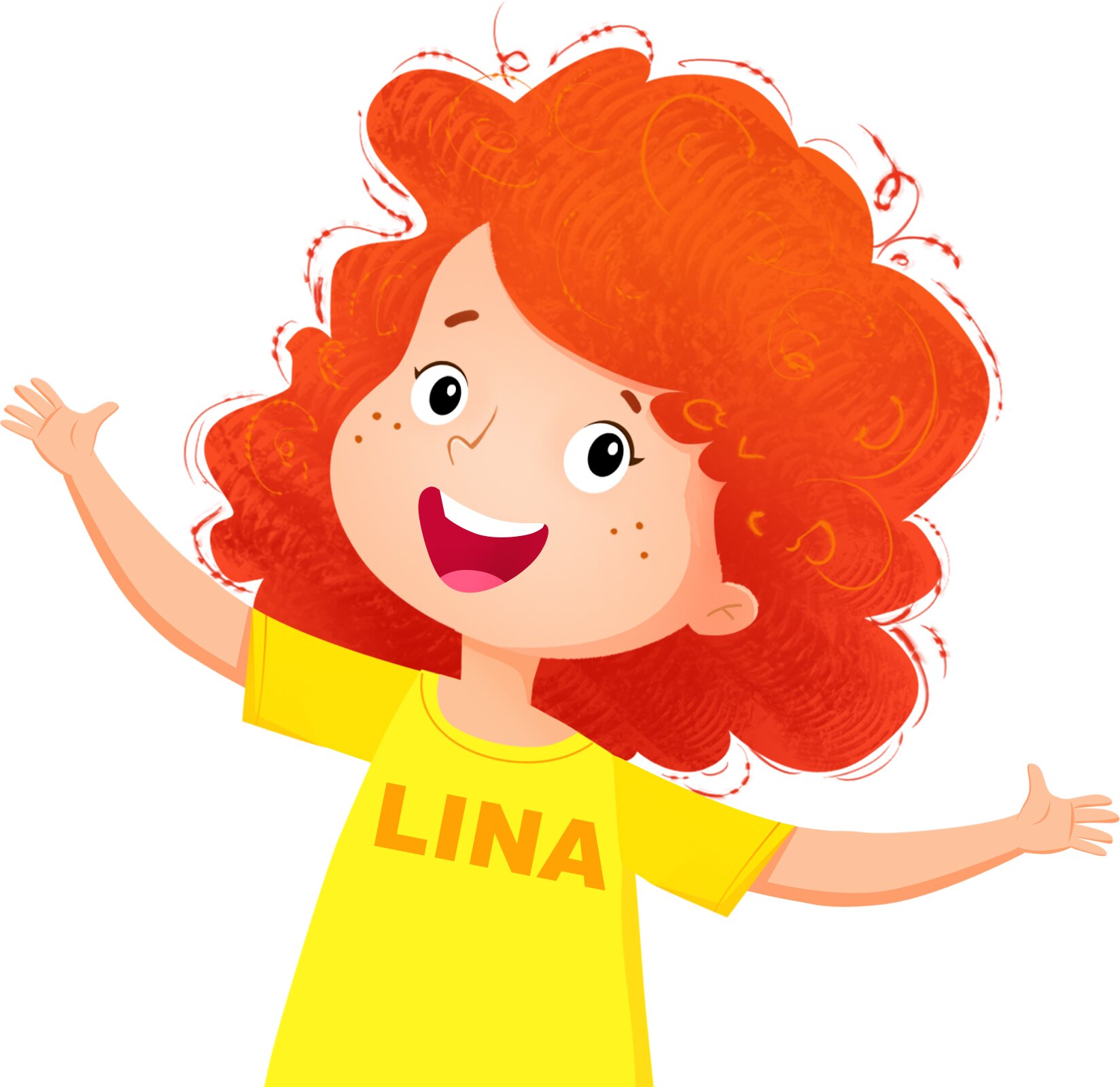 Ilustracja przedstawia Linę. To rudowłosa i piegowata dziewczynka. Ubrana jest w żółtą koszulkę. 
