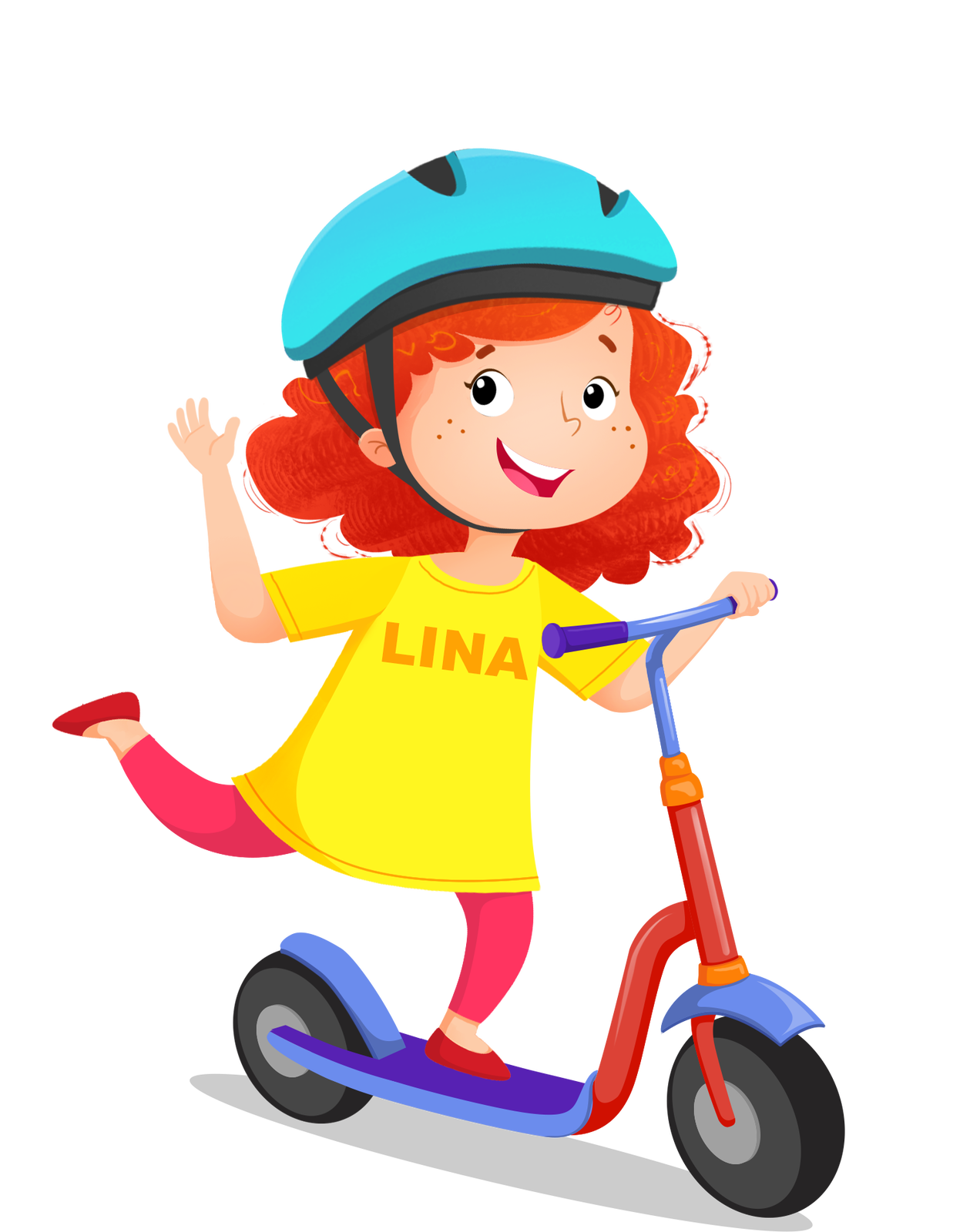 Ilustracja przedstawia rudowłosą dziewczynkę w żółtej koszulce i różowych leginsach. Jedzie na hulajnodze. To Lina.