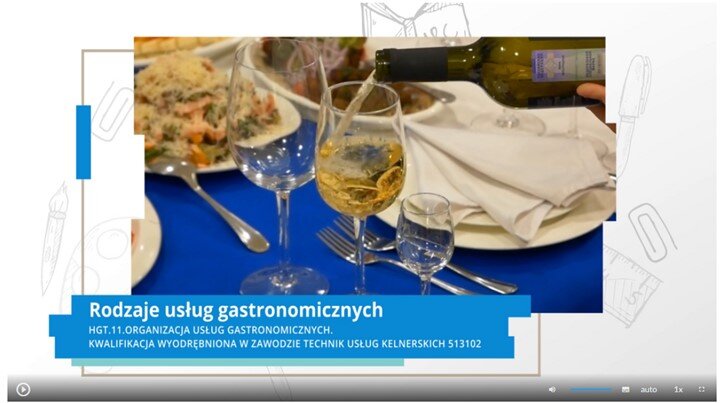 Zdjęcie przedstawia widok ujęcia początkowego sekwencji filmowej zatytułowanej Rodzaje usług gastronomicznych. Na grafice widać pasek sterowania filmem, który zawiera przycisk startu film, suwak głośności filmu, przycisk włączenia napisów, przycisk wyboru jakości odtwarzanego filmu, przycisk wyboru prędkości odtwarzania filmu oraz przycisk włączenia pełnego ekranu.