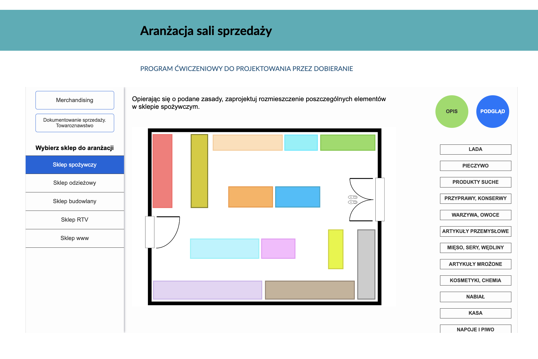 Grafika przedstawia widok przykładowego zadania z programu ćwiczeniowego. W górnej części widoczny jest tytuł multimedium, poniżej panel boczny po lewej z możliwościami wyboru zadań, pośrodku pole wykonywania zadania, zaś po prawej odpowiedzi do wyboru.