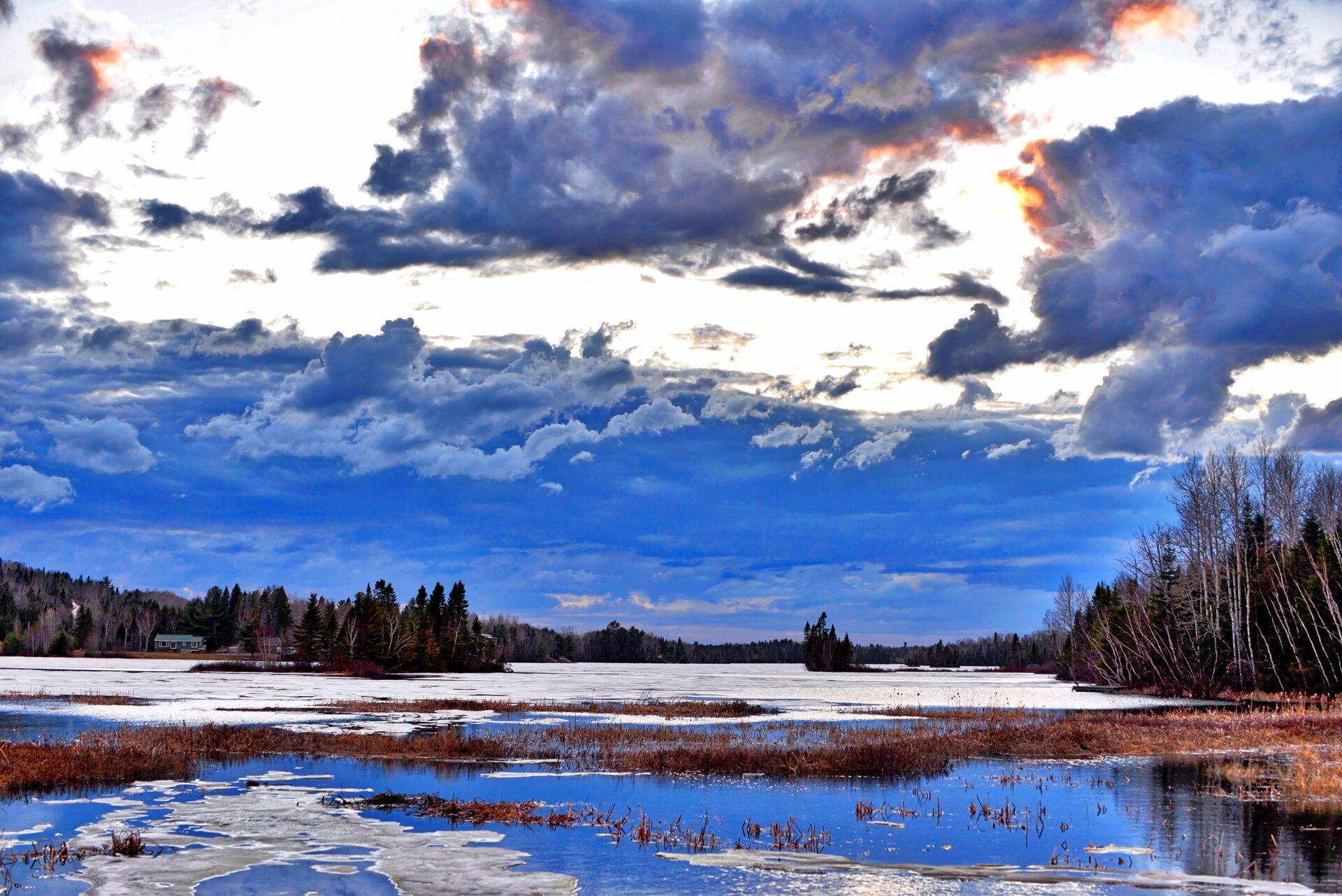 Zdjęcie przedstawia teren łąki pomiędzy drzewami. Widać roztapiający się śnieg. W pewnych miejscach stoi woda.