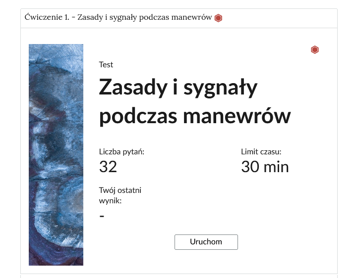 Zrzut ekranu przedstawia przykładowy wygląd zadania. Na zdjęciu widoczna jest rozwinięta zakładka z ćwiczeniem pierwszym. W zakładce zawarty jest test wiedzy. Na początkowym ekranie testu znajduje się tytuł, poniżej którego są podane: liczba pytań, limit czasu oraz ostatnio uzyskany wynik. Z lewej strony znajduje się ozdobny prostokąt.