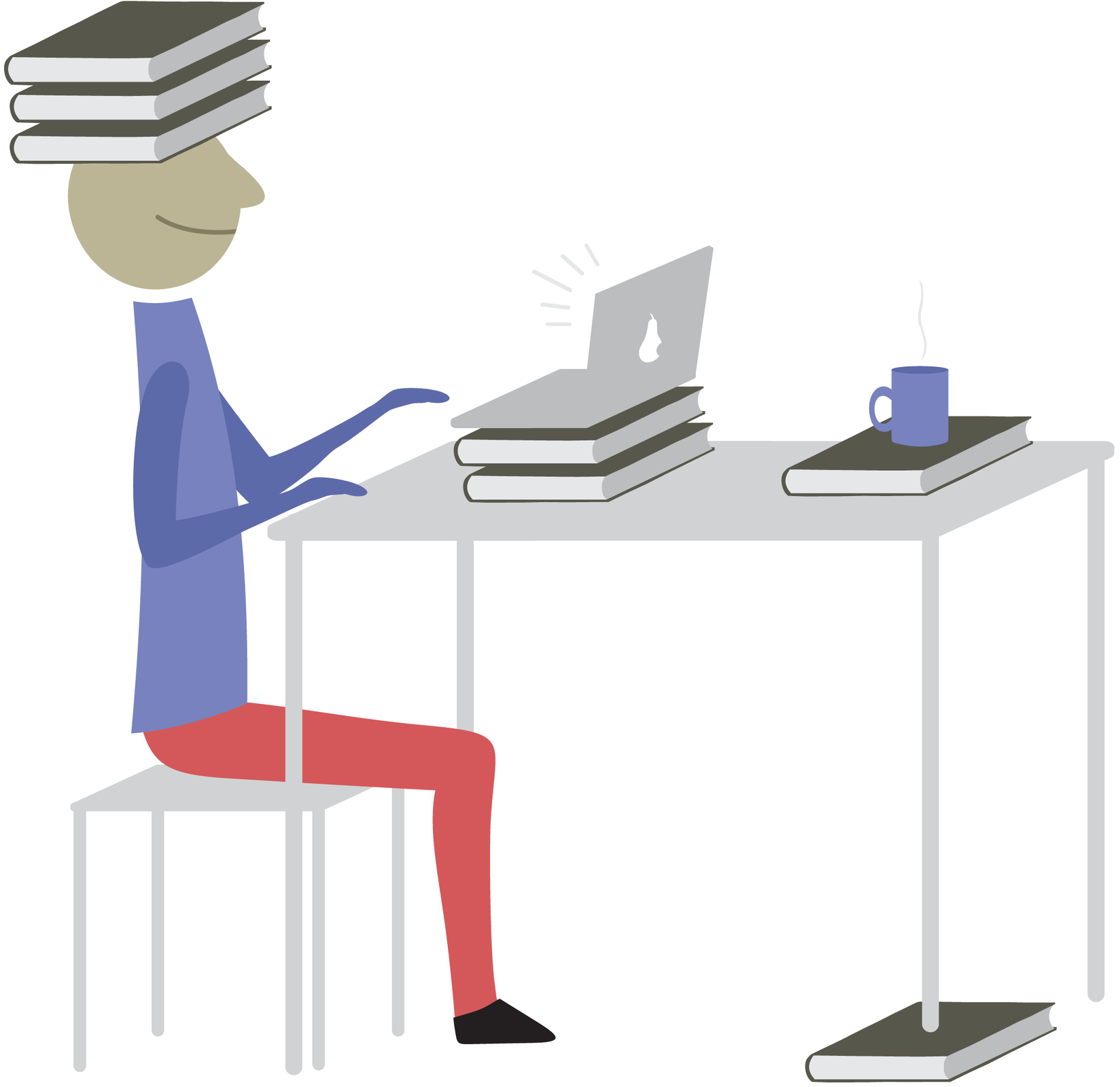 Rysunek. Człowiek siedzący przy stole. Na głowie trzyma trzy książki ułożone jedna na drugiej. Jedna noga od stołu podparta jest książką. Na stole laptop leżący na podwyższeniu z książek, obok kubek stojący na książce jak na podkładce. 