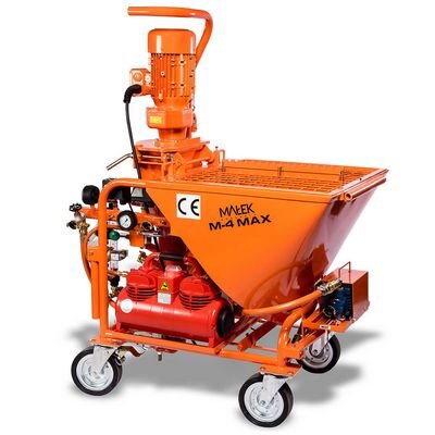 Zdjęcie przedstawia agregat tynkarski. Jest to skomplikowane urządzenie z dużym zbiornikiem na tynk. W spodniej części widać cztery kółka umożliwiające transport agregatu. 