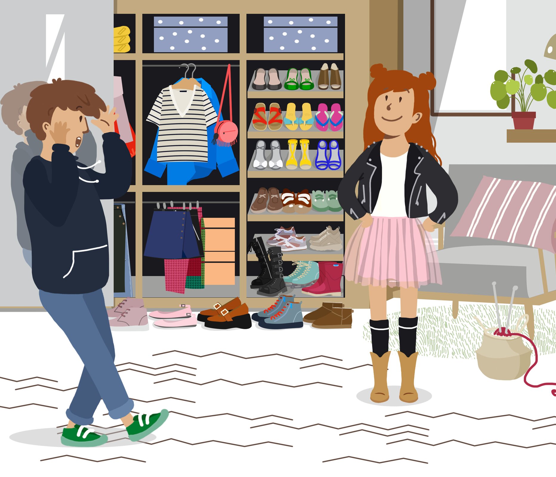 Ilustracja przedstawia dziewczynę i chłopaka w garderobie. Chłopak trzyma się zszokowany za głowę, dziewczyna się uśmiecha. W szafie jest bardzo dużo butów 