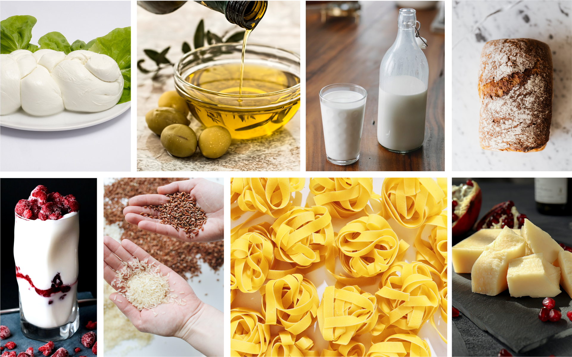 Ilustracja składa się z ośmiu zdjęć przedstawiających produkty spożywcze: ser mozzarella, oliwę z oliwek, mleko, chleb, jogurt, ryż, makaron i ser.