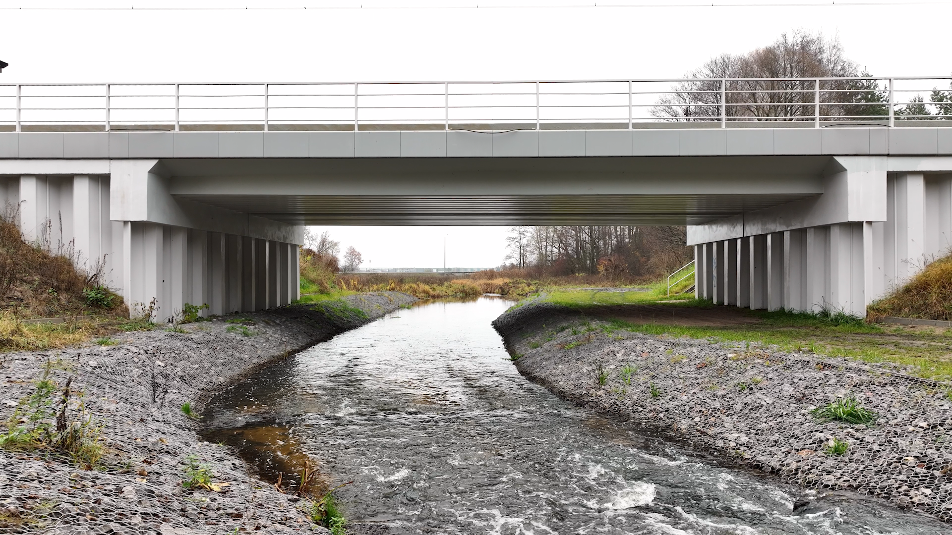 Ilustracja przedstawia most. Widoczne są dwie podpory, między którymi zawieszony jest most. Pod mostem płynie duży strumień.