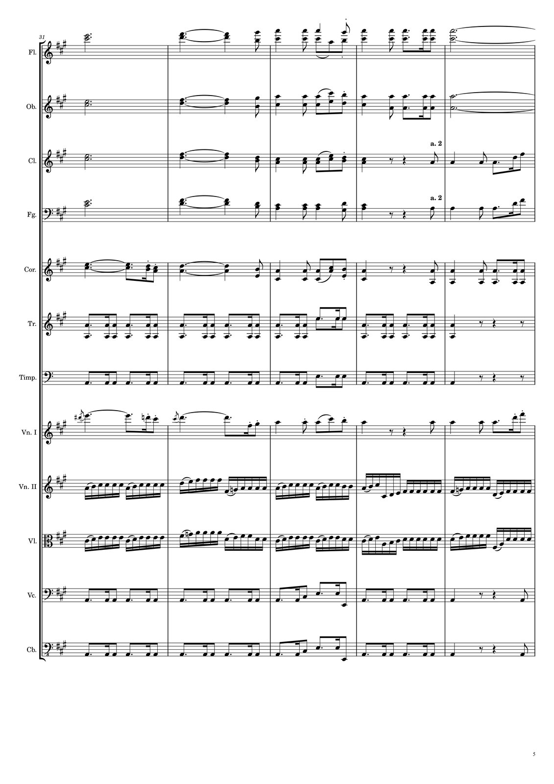 Ilustracja przedstawia część piątą partytury Sonaty A‑dur nr 4 Op. 92: W takcie trzydziestym na pierwszą miarę zapisano ósemkę cis, spiętą frazą z ćwierćnutą h, która jest przedłużona o ósemkę z kropką; dalej grana jest szesnastka cis z artykulacją staccato [czytaj: stakkato] oraz ósemka d z artykulacją staccato [czytaj: stakkato]. W partii drugich skrzypiec w dwudziestym piątym takcie na pierwszą miarę zapisano ósemkę h ze sforzandem [czytaj: sforzandem], dalej pauzę szesnastkową, szesnastkę gis oraz ósemkę e, a na czwartą miarę ósemkę d ze sforzandem [czytaj: sforzandem], pauzę szesnastkową, szesnastkę h oraz ósemkę gis. W takcie dwudziestym szóstym na pierwszą miarę grana jest ćwierćnuta z kropką h oraz gis z fermatą, a następnie dynamika zmienia się na forte fortissimo wraz z frazą na czwartą miarę; fraza składa się z czterech szesnastek: e, fis, gis oraz a, i trioli szesnastkowej: h, cis oraz d. W takcie dwudziestym siódmym wszystkie dźwięki to szesnastki; na pierwszą miarę zapisano e, następnie cis oktawę niżej ze zmianą dynamiki na forte, dalej kolejno d, trzy razy e, a od miary czwartej cis spięte frazą z d oraz cztery razy e. W dwudziestym ósmym takcie ponownie wszystkie dźwięki to szesnastki; na pierwszą miarę zapisano d oraz e jako jedną frazę oraz cztery razy fis, a na miarę czwartą ponownie d oraz e jako jedną frazę, następnie fis i trzy razy d. W dwudziestym dziewiątym takcie wszystkie dźwięki to szesnastki; na pierwszą miarę zapisano cis oraz d jako jedną frazę oraz cztery razy e, a następnie na miarę czwartą a oraz h i cztery razy cis. W trzydziestym takcie ponownie wszystkie dźwięki to szesnastki; na pierwszą miarę zapisano h oraz cis jako jedną frazę oraz cztery razy d, a na miarę czwartą gis oraz a jako jedną frazę, a następnie cztery razy h. W partii altówek w dwudziestym piątym takcie na pierwszą miarę zapisano ósemkę h ze sforzandem [czytaj: sforzandem], dalej pauzę szesnastkową, szesnastkę gis oraz ósemkę e, a na czwartą miarę ósemkę d ze sforzandem [czytaj: sforzandem], pauzę szesnastkową, szesnastkę h oraz ósemkę gis. W takcie dwudziestym szóstym na pierwszą miarę grana jest ćwierćnuta z kropką h oraz gis z fermatą, a następnie dynamika zmienia się na forte fortissimo wraz z frazą na czwartą miarę; fraza składa się z czterech szesnastek: e, fis, gis oraz a, i trioli szesnastkowej: h, cis oraz d. W takcie dwudziestym siódmym wszystkie dźwięki to szesnastki; na pierwszą miarę zapisano e, następnie a ze zmianą dynamiki na forte, dalej kolejno h, trzy razy cis, a od miary czwartej a spięte frazą z h oraz cztery razy cis. W dwudziestym ósmym takcie ponownie wszystkie dźwięki to szesnastki; na pierwszą miarę zapisano fis oraz g jako jedną frazę oraz cztery razy a, a na miarę czwartą ponownie fis oraz g jako jedną frazę oraz cztery razy a. W dwudziestym dziewiątym takcie wszystkie dźwięki to szesnastki; na pierwszą miarę zapisano a oraz h jako jedną frazę oraz cztery razy cis, a następnie na miarę czwartą cis oraz e i cztery razy a. W trzydziestym takcie ponownie wszystkie dźwięki to szesnastki; na pierwszą miarę zapisano e oraz a jako jedną frazę oraz cztery razy h, a na miarę czwartą h oraz cis jako jedną frazę, a następnie cztery razy d. W partii wiolonczeli w dwudziestym piątym takcie na pierwszą miarę zapisano ósemkę h ze sforzandem [czytaj: sforzandem], dalej pauzę szesnastkową, szesnastkę gis oraz ósemkę e, a na czwartą miarę ósemkę d ze sforzandem [czytaj: sforzandem], pauzę szesnastkową, szesnastkę h oraz ósemkę gis. W takcie dwudziestym szóstym na pierwszą miarę grana jest ćwierćnuta z kropką d z fermatą, a dalej zapisano pauzę ćwierćnutową oraz szesnastkową. W takcie dwudziestym siódmym wprowadzony zostaje motyw, oparty na nucie a; jest to ósemka z kropką, szesnastka i ponownie ósemka. Motyw powtarza się dwa razy na takt i jest powtarzany w taktach dalszych, od dwudziestego ósmego do trzydziestego. Pod taktem dwudziestym siódmym zapisano dodatkowo dynamikę forte fortissimo. W partii kontrabasu w dwudziestym piątym takcie na pierwszą miarę zapisano ósemkę h ze sforzandem [czytaj: sforzandem], dalej pauzę szesnastkową, szesnastkę gis oraz ósemkę e, a na czwartą miarę ósemkę d ze sforzandem [czytaj: sforzandem], pauzę szesnastkową, szesnastkę h oraz ósemkę gis. W takcie dwudziestym szóstym na pierwszą miarę grana jest ćwierćnuta z kropką d z fermatą, a dalej zapisano pauzę ćwierćnutową oraz szesnastkową. W takcie dwudziestym siódmym wprowadzony zostaje motyw, oparty na nucie a; jest to ósemka z kropką, szesnastka i ponownie ósemka. Motyw powtarza się dwa razy na takt i jest powtarzany w taktach dalszych, od dwudziestego ósmego do trzydziestego. Pod taktem dwudziestym siódmym zapisano dodatkowo dynamikę forte fortissimo. W partii fletów w takcie trzydziestym pierwszym grana jest półnuta z kropką, złożona z dźwięków cis oraz e. W takcie trzydziestym drugim na pierwszą miarę zapisano ćwierćnutę z kropką d oraz fis, przedłużoną o ósemkę z kropką, a na miarę szóstą ósemkę, złożoną z dźwięków h oraz gis. W takcie trzydziestym trzecim na pierwszą miarę grana jest ćwierćnuta z dźwięków cis oraz a, dalej ósemka z tymi samymi dźwiękami, a na miarę czwartą pierwsza trąbka gra ćwierćnutę a oraz ósemkę gis z artykulacją staccato [czytaj: stakkato], a trąbka druga ósemki cis oraz a jako jedną frazę oraz ósemkę h z artykulacją staccato [czytaj: stakkato]. W takcie trzydziestym czwartym wszystkie nuty to dwudźwięki, złożone z dźwięków cis oraz a; na pierwszą miarę grana jest ćwierćnuta, dalej ósemka, ósemka z kropką, szesnastka oraz ponownie ósemka. W takcie trzydziestym piątym grana jest półnuta z kropką cis oraz a, przedłużona do kolejnego taktu. W partii obojów w takcie trzydziestym pierwszym grana jest półnuta z kropką, złożona z dźwięków cis oraz e. W takcie trzydziestym drugim na pierwszą miarę zapisano ćwierćnutę z kropką d oraz fis, przedłużoną o ósemkę z kropką, a na miarę szóstą ósemkę, złożoną z dźwięków h oraz gis. W takcie trzydziestym trzecim na pierwszą miarę grana jest ćwierćnuta z dźwięków cis oraz a, dalej ósemka z tymi samymi dźwiękami, a na miarę czwartą raz jeszcze taka sama ósemka spięta frazą z ósemką złożoną z dźwięków e oraz cis, a na szóstą miarę ósemka d oraz h z artykulacją staccato [czytaj: stakkato]. W takcie trzydziestym czwartym na pierwszą miarę grana jest ćwierćnuta złożona z dźwięków cis oraz a, a dalej grane są oktawy a: najpierw ósemka, później ósemka z kropką, szesnastka oraz ponownie ósemka. W takcie trzydziestym piątym grana jest półnuta z kropką‑oktawa a, przedłużona do kolejnego taktu. W partii klarnetów w takcie trzydziestym pierwszym grana jest półnuta z kropką, złożona z dźwięków cis oraz e. W takcie trzydziestym drugim na pierwszą miarę zapisano ćwierćnutę z kropką d oraz fis, przedłużoną o ósemkę z kropką, a na miarę szóstą ósemkę, złożoną z dźwięków h oraz d. W takcie trzydziestym trzecim na pierwszą miarę grana jest ćwierćnuta z dźwięków a oraz cis, dalej ósemka z tymi samymi dźwiękami, a na miarę czwartą raz jeszcze taka sama ósemka spięta frazą z ósemką złożoną z dźwięków cis oraz e, a na szóstą miarę ósemka h oraz d z artykulacją staccato [czytaj: stakkato]. W takcie trzydziestym czwartym na pierwszą miarę grana jest ćwierćnuta złożona z dźwięków a oraz cis, a dalej zapisano pauzę ósemkową, pauzę ćwierćnutową i ósemkę a. W trzydziestym piątym takcie na pierwszą miarę grana jest ćwierćnuta a, dalej ósemka a i ósemka z kropką a; następnie zapisano szesnastkę d oraz ósemkę fis. W partii fagotów w takcie trzydziestym pierwszym grana jest półnuta z kropką, złożona z dźwięków cis oraz e. W takcie trzydziestym drugim na pierwszą miarę zapisano ćwierćnutę z kropką d oraz fis, przedłużoną o ósemkę z kropką, a na miarę szóstą ósemkę, złożoną z dźwięków h oraz d. W takcie trzydziestym trzecim na pierwszą miarę grana jest ćwierćnuta z dźwięków a oraz cis, dalej ósemka oraz ćwierćnuta z tymi samymi dźwiękami, a na miarę szóstą ósemka gis oraz d z artykulacją staccato [czytaj: stakkato]. W takcie trzydziestym czwartym na pierwszą miarę grana jest ćwierćnuta złożona z dźwięków a oraz cis, a dalej zapisano pauzę ósemkową, pauzę ćwierćnutową i ósemkę a. W trzydziestym piątym takcie na pierwszą miarę grana jest ćwierćnuta a, dalej ósemka a i ósemka z kropką a; następnie zapisano szesnastkę d oraz ósemkę fis. W partii waltorni w takcie trzydziestym pierwszym grana jest ćwierćnuta z kropką, złożona z dźwięków cis oraz e, przedłużona o ósemkę z kropką; dalej zapisano szesnastkę h oraz d z artykulacją staccato [czytaj: stakkato] oraz ósemkę cis oraz e, również z artykulacją staccato [czytaj: stakkato]. W takcie trzydziestym drugim na pierwszą miarę zapisano ćwierćnutę z kropką a oraz d, przedłużoną o ósemkę z kropką, a na miarę szóstą ósemkę, złożoną z dźwięków e oraz h. W takcie trzydziestym trzecim na pierwszą miarę grana jest ćwierćnuta z dźwięków cis oraz a, dalej ósemka z tymi samymi dźwiękami, a na miarę czwartą raz jeszcze taka sama ósemka spięta frazą z ósemką złożoną z dźwięków a oraz cis, a na szóstą miarę ósemka e oraz h z artykulacją staccato [czytaj: stakkato]. W takcie trzydziestym czwartym na pierwszą miarę grana jest ćwierćnuta złożona z dźwięków cis oraz a, a dalej zapisano pauzę ósemkową, pauzę ćwierćnutową i ósemkę‑oktawę a. W trzydziestym piątym takcie wszystkie dźwięki to oktawy a; na pierwszą miarę grana jest ćwierćnuta, dalej ósemka i ósemka z kropką, następnie szesnastka i ponownie ósemka. W partii trąbek w takcie trzydziestym pierwszym kontynuowany jest motyw wprowadzony w takcie dwudziestym siódmym, oparty na granej w oktawie nucie a; jest to ósemka z kropką, szesnastka i ponownie ósemka. Motyw powtarza się dwa razy na takt i jest powtarzany dalej w taktach od trzydziestego pierwszego do trzydziestego drugiego. Na początku taktu trzydziestego trzeciego motyw jest grany jeszcze raz, a na czwartą miarę grana jest ósemka z kropką e, szesnastka e oraz ósemka e. W takcie trzydziestym czwartym powraca motyw oktawy a: ósemka z kropką, szesnastka i ponownie ósemka, na pierwszą oraz czwartą miarę. W takcie trzydziestym piątym na pierwszą miarę grana jest ćwierćnuta‑oktawa a, a następnie zapisano pauzę ósemkową, pauzę ćwierćnutową oraz pauzę ósemkową. W partii kotłów w takcie trzydziestym pierwszym kontynuowany jest motyw wprowadzony w takcie dwudziestym siódmym, oparty na nucie a; jest to ósemka z kropką, szesnastka i ponownie ósemka. Motyw powtarza się dwa razy na takt i jest powtarzany dalej w taktach od trzydziestego pierwszego do trzydziestego drugiego. Na początku taktu trzydziestego trzeciego motyw jest grany jeszcze raz, a na czwartą miarę grana jest ósemka z kropką e, szesnastka e oraz ósemka e. W takcie trzydziestym czwartym powraca motyw oparty na nucie a: ósemka z kropką, szesnastka i ponownie ósemka, na pierwszą oraz czwartą miarę. W takcie trzydziestym piątym na pierwszą miarę grana jest ćwierćnuta a, a następnie zapisano pauzę ósemkową, pauzę ćwierćnutową oraz pauzę ósemkową. W partii pierwszych skrzypiec w takcie trzydziestym pierwszym na pierwszą miarę zapisano przednutkę dis, a dalej ćwierćnutę e, przedłużoną o ósemkę z kropką; następnie grana jest szesnastka d z artykulacją staccato [czytaj: stakkato] oraz ósemka cis, również z artykulacją staccato [czytaj: stakkato]. W takcie trzydziestym drugim na pierwszą miarę zapisano przednutkę cis, a dalej ćwierćnutę d, przedłużoną o ósemkę z kropką; następnie grana jest szesnastka fis z artykulacją staccato [czytaj: stakkato] oraz ósemka gis, również z artykulacją staccato [czytaj: stakkato]. W takcie trzydziestym trzecim na pierwszą miarę grana jest ćwierćnuta a, dalej ósemka a z artykulacją staccato [czytaj: stakkato], ósemki a oraz cis jako jedna fraza oraz ósemka h z artykulacją staccato [czytaj: stakkato]. W trzydziestym czwartym takcie na pierwszą miarę grana jest ćwierćnuta a, dalej zapisano pauzę ósemkową oraz ćwierćnutową, a następnie ósemkę a. W trzydziestym piątym takcie na pierwszą miarę grana jest ćwierćnuta a, dalej ósemka a i ósemka z kropką a; następnie zapisano szesnastkę d z artykulacją staccato [czytaj: stakkato] oraz ósemkę fis, również z artykulacją staccato [czytaj: stakkato]. W partii drugich skrzypiec w takcie trzydziestym pierwszym wszystkie dźwięki to szesnastki. Na pierwszą miarę zapisano jako jedną frazę a oraz h, a następnie cztery razy cis; na czwartą miarę grane są ponownie jako jedna fraza a oraz h, a później cztery razy cis. W takcie trzydziestym drugim ponownie wszystkie dźwięki to szesnastki; na pierwszą miarę zapisano jako jedną frazę d oraz e, następnie cztery razy fis, dalej jako jedną frazę fis oraz g i cztery razy a. W takcie trzydziestym trzecim wszystkie dźwięki są szesnastkami. Na pierwszą miarę zapisano jako jedną frazę a oraz h, a następnie cztery razy cis; na czwartą miarę grane są ponownie jako jedna fraza a oraz h, a później cztery razy cis. W trzydziestym czwartym takcie ponownie wszystkie dźwięki to szesnastki; na pierwszą miarę zapisano a oraz h jako jedną frazę, a następnie cis, cis oktawę niżej, d oraz e, a od miary czwartej sześć razy fis. W takcie trzydziestym piątym po raz kolejny wszystkie dźwięki to szesnastki; na pierwszą miarę grane są jako jedna fraza fis oraz g, następnie cztery razy a, na czwartą miarę jako jedna fraza d oraz e, a dalej cztery razy fis. W partii altówek w takcie trzydziestym pierwszym wszystkie dźwięki to szesnastki. Na pierwszą miarę zapisano jako jedną frazę cis oraz d, a następnie cztery razy e; na czwartą miarę grane są ponownie jako jedna fraza cis oraz d, a później cztery razy e. W takcie trzydziestym drugim ponownie wszystkie dźwięki to szesnastki; na pierwszą miarę zapisano jako jedną frazę fis oraz g, następnie cztery razy a, dalej jako jedną frazę d oraz e, dwa razy fis i dwa razy d. W takcie trzydziestym trzecim wszystkie dźwięki są szesnastkami. Na pierwszą miarę zapisano jako jedną frazę cis oraz d, a następnie cztery razy e; na czwartą miarę grane są ponownie jako jedna fraza cis oraz d, a później dwa razy e i dwa razy cis. W trzydziestym czwartym takcie ponownie wszystkie dźwięki to szesnastki; na pierwszą miarę zapisano cis oraz d jako jedną frazę, a następnie e, e oktawę niżej, h oraz cis, a od miary czwartej sześć razy d. W takcie trzydziestym piątym po raz kolejny wszystkie dźwięki to szesnastki; na pierwszą miarę grane są jako jedna fraza d oraz e, następnie cztery razy fis, na czwartą miarę jako jedna fraza fis oraz a, a dalej cztery razy d. W partii wiolonczeli w takcie trzydziestym pierwszym kontynuowany jest motyw wprowadzony w takcie dwudziestym siódmym, oparty na nucie a; jest to ósemka z kropką, szesnastka i ponownie ósemka. Motyw powtarza się dwa razy na takt i jest powtarzany dalej w taktach od trzydziestego pierwszego do trzydziestego drugiego. Na początku taktu trzydziestego trzeciego grana jest ósemka z kropką a, szesnastka a oraz ósemka cis, a dalej ósemka z kropką e, szesnastka e oraz ósemka e oktawę niżej. W takcie trzydziestym czwartym powraca motyw oparty na nucie a: ósemka z kropką, szesnastka i ponownie ósemka, na pierwszą oraz czwartą miarę. W takcie trzydziestym piątym na pierwszą miarę grana jest ćwierćnuta a, a następnie zapisano pauzę ósemkową, pauzę ćwierćnutową oraz ósemkę a. W partii kontrabasu w takcie trzydziestym pierwszym kontynuowany jest motyw wprowadzony w takcie dwudziestym siódmym, oparty na nucie a; jest to ósemka z kropką, szesnastka i ponownie ósemka. Motyw powtarza się dwa razy na takt i jest powtarzany dalej w taktach od trzydziestego pierwszego do trzydziestego drugiego. Na początku taktu trzydziestego trzeciego grana jest ósemka z kropką a, szesnastka a oraz ósemka cis, a dalej ósemka z kropką e, szesnastka e oraz ósemka e oktawę niżej. W takcie trzydziestym czwartym powraca motyw oparty na nucie a: ósemka z kropką, szesnastka i ponownie ósemka, na pierwszą oraz czwartą miarę. W takcie trzydziestym piątym na pierwszą miarę grana jest ćwierćnuta a, a następnie zapisano pauzę ósemkową, pauzę ćwierćnutową oraz ósemkę a.