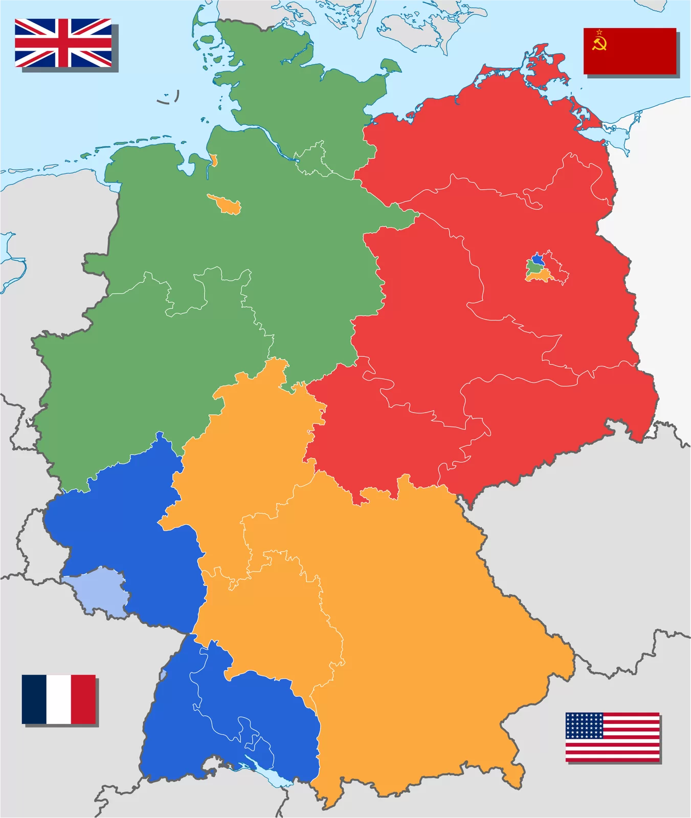 Mapa podziału Niemiec na strefy okupacyjne. Wschodnia cześć okupacja radziecka i amerykańska, zachodnia część okupacja brytyjska i francuska. Strefa brytyjska: Szlezwik‑Holsztyn, Hanower, Westfalia, północna część Nadrenii, Wolne Miasto Hamburg, Wolne Państwo Lippe, Brunszwik, Oldenburg i Schaumburg‑Lippe. Strefa francuska: Nadrenia, byłe księstwa Hohenzollernów, południowa część Wirtembergii, południowa część Wolnego Państwa Badenia, bawarski Palatynat i miasto Lindau (Bodensee) nad Jeziorem Bodeńskim. Strefa amerykańska: Hesja‑Nassau, państwo ludowe Hesja (z wyłączeniem m.in. Frankfurtu n. Menem), północna część Wolnego Państwa Badenia, północna część Wirtembergii i Wolne Państwo Bawaria oraz Brema jako enklawa na terenie brytyjskiej strefy. Strefa radziecka: Brandenburgia, Meklemburgia, Saksonia, Wolne Państwo Anhalt, pozostałe przy Niemczech Pomorze Przednie, Wolne Państwo Saksonia i Turyngia.