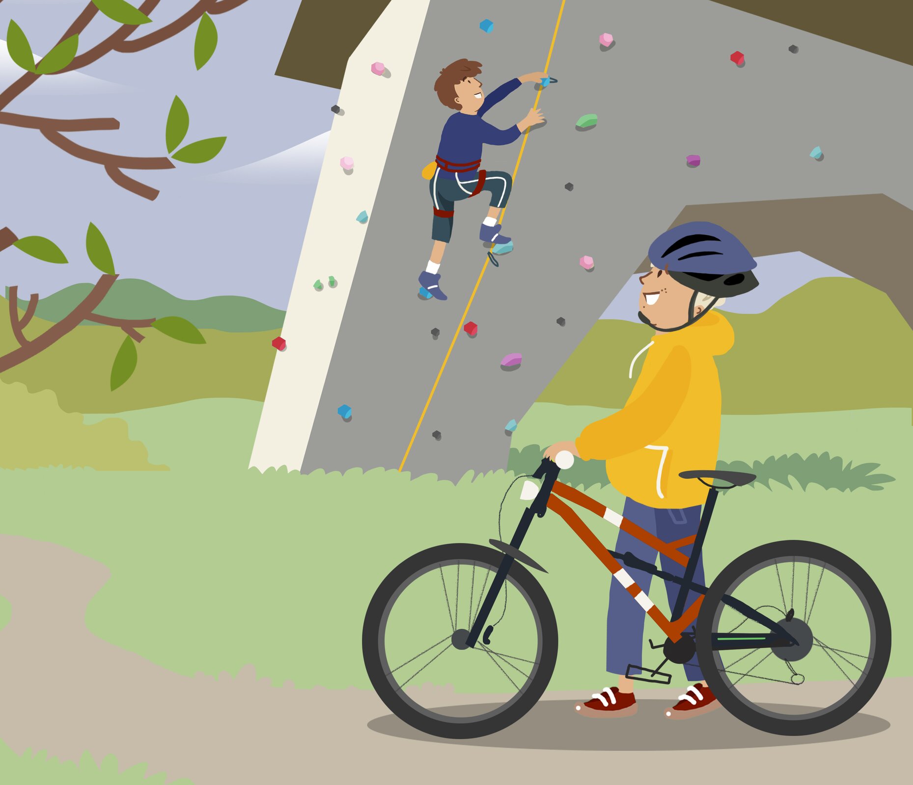 Na obrazku widać dwóch chłopców. Jeden z nich stoi z przodu, opierając się o rower, a z zaciekawieniem obserwuje drugiego chłopca, który w tle wspina się po ściance wspinaczkowej