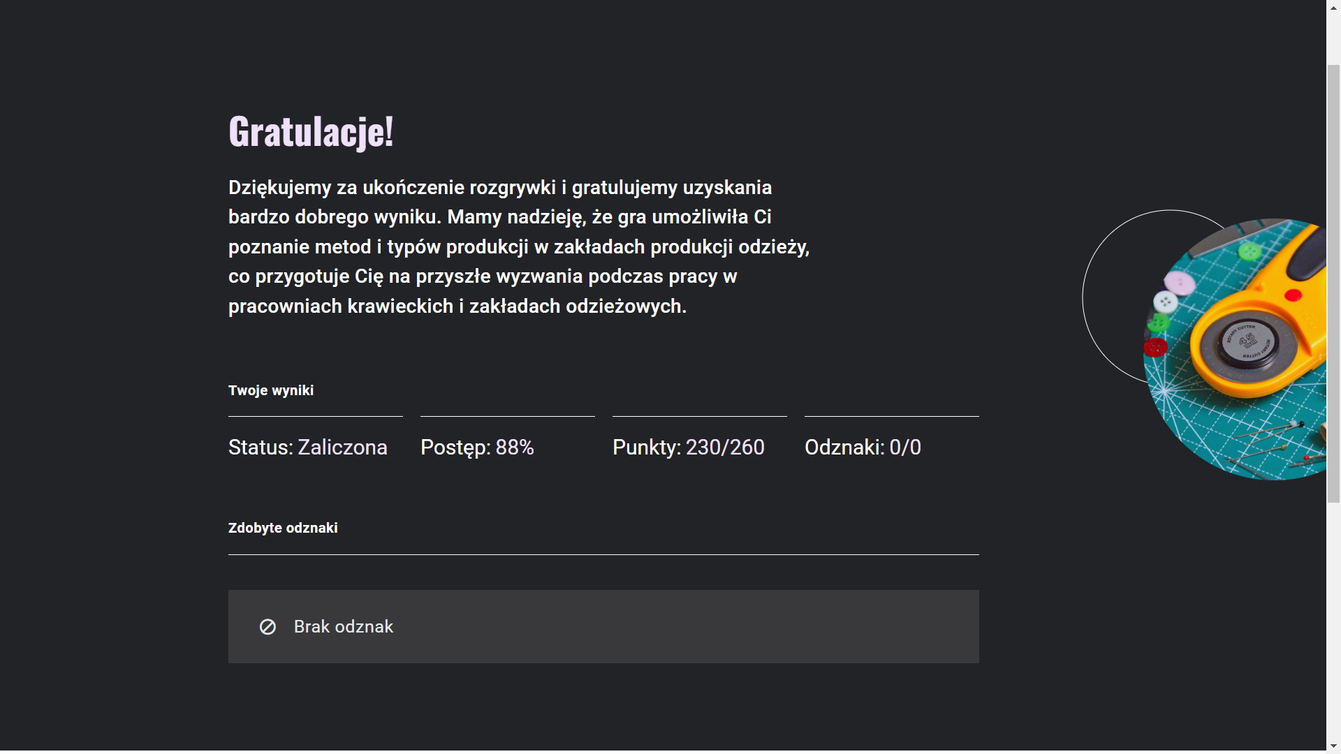 Grafika przedstawia ekran z gratulacjami po zakończeniu gry. Na środku ekranu widoczny jest tekst z gratulacjami, poniżej widać wyniki gracza. Składa się na nie postęp w procentach, punktacja oraz liczba zdobytych odznak.