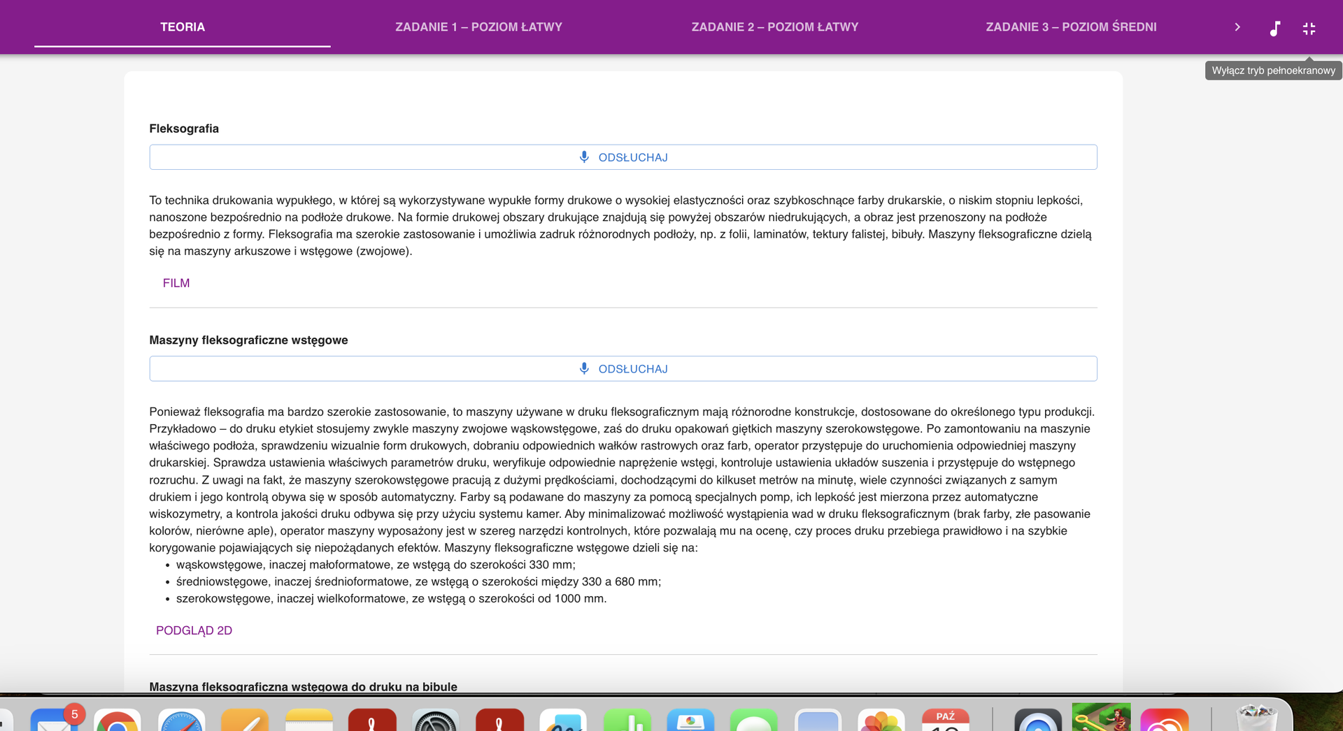 Widok ekranu symulatora Praca maszyny fleksograficznej. U góry widoczny jest tytuł multimedium. Poniżej widoczny jest fioletowy panel menu z poszczególnymi zakładkami, a poniżej treści z audio.