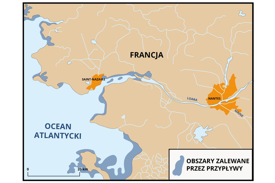 Ilustracja przedstawia fragment mapy. Na mapie Francji pokazano bieg Loary. Rzeka wpada do Oceanu Atlantyckiego. Ujście jest lejkowate. W pobliżu ujścia oraz na lądzie na północ od niego i na południe przy brzegu zaznaczono obszary zalewane przez pływy.    