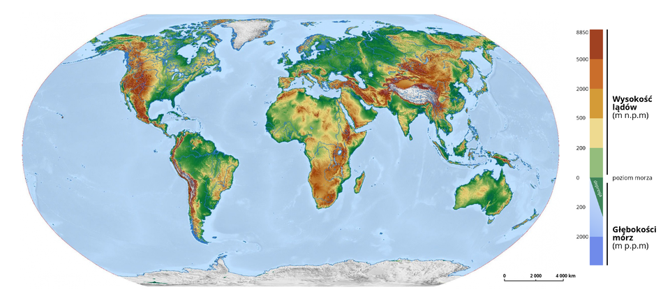 Na mapie fizycznej świata zaznaczono wysokość lądów i głębokość mórz. Zaznaczono obszary występowania wyżyn, gór, nizin, depresji, głębokość mórz sięgającą poniżej 2000 metrów pod poziomem morza. Lądy z wysokością powyżej 500 metrów nad poziomem morza to głównie zachodnie obszary Ameryki Północnej, Ameryki Południowej, południe Afryki, centralna część Azji. Obszary od 200 do 500 metrów nad poziomem morza to między innymi wschodnia część Ameryki Południowej, znaczna część północnej i środkowej Afryki, zachodnia część Australii, południowe i centralne Indie, znaczna część Półwyspu Arabskiego, miejscami Europa Południowa. Obszary od zera do 200 metrów nad poziomem morza oraz obszary depresji (150 metrów poniżej poziomu morza) to pozostałe tereny na świecie. Głębokość mórz i oceanów - tu dominuje wartość od zera do 2000 metrów pod poziomem morza. Poniżej 2000 metrów zaznaczono między innymi Rów Mariański w zachodniej części Oceanu Spokojnego, miejsca u południowych wybrzeży Ameryki Południowej, obszary w rejonie Indonezji, w pobliżu Alaski, zachodniego wybrzeża Kanady, wzdłuż wybrzeża Norwegii.    