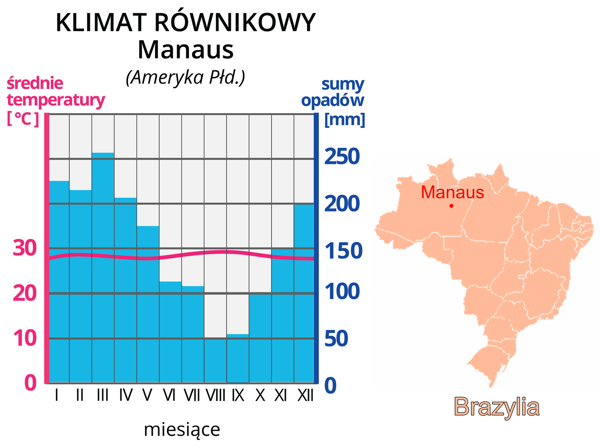 Ilustracja prezentuje wykres – klimatogram klimatu równikowego w Manaus w Ameryce Południowej. Na lewej osi wykresu wyskalowano średnie temperatury w stopniach Celsjusza, na prawej osi wykresu wyskalowano sumy opadów w milimetrach. Na osi poziomej zaznaczono cyframi rzymskimi kolejne miesiące. Różowa linia na wykresie to średnie temperatury w poszczególnych miesiącach. Linia utrzymuje się na około 29 °C przez cały rok. Niebieskie słupki to wysokości sum opadów w poszczególnych miesiącach. W styczniu suma opadów wynosi około 230 mm, w lutym 220 mm, w marcu 260 mm, w kwietniu 210 mm, w maju 180 mm, w czerwcu 120 mm, w lipcu 110 mm, w sierpniu 50 mm, we wrześniu 60 mm, w październiku 100 mm, w listopadzie 150 mm, a w grudniu 200 mm. Po prawej stronie znajduje się mapa Brazylii z zaznaczoną na czerwono lokalizacją miasta Manaus.