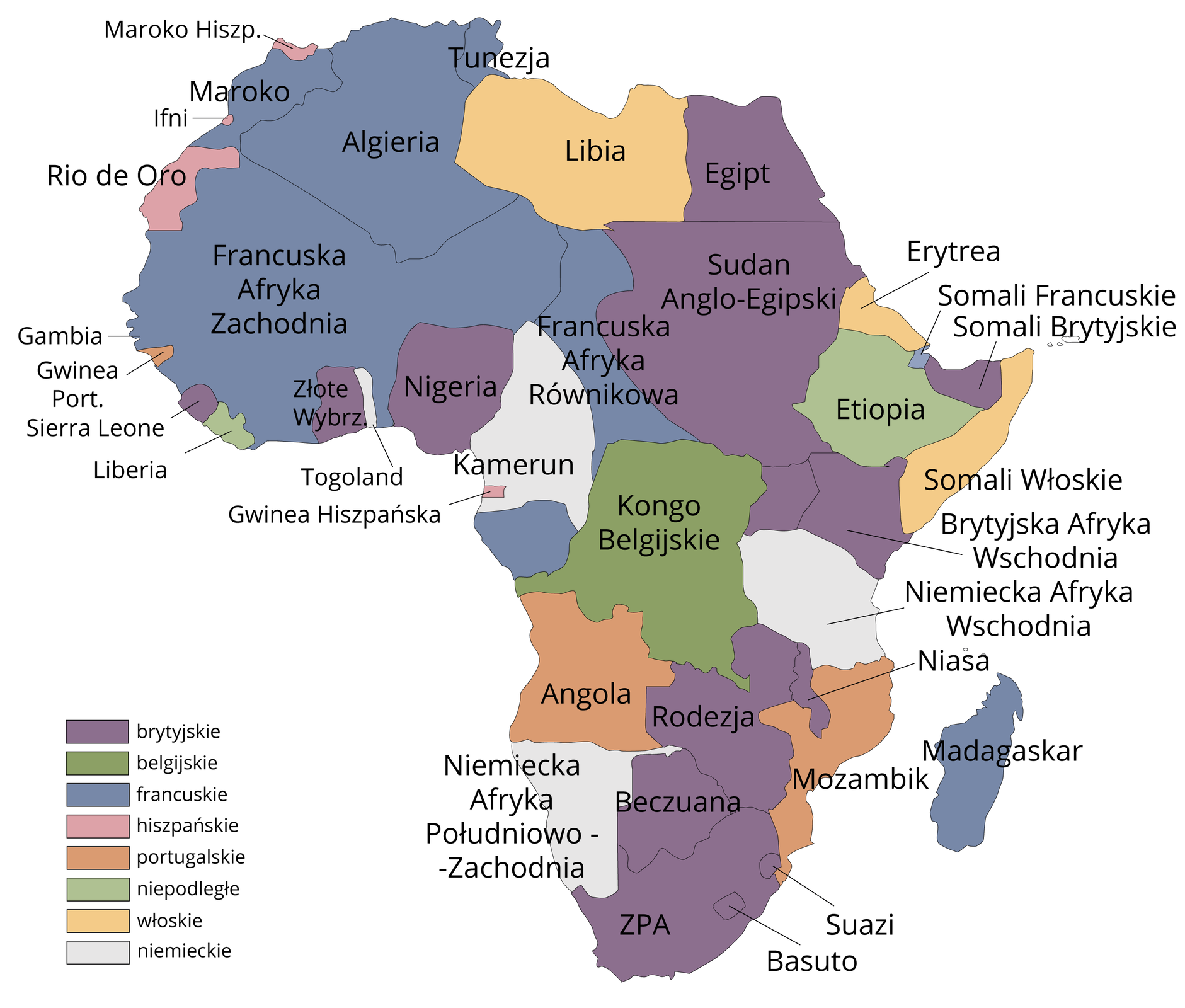 Ilustracja przedstawia mapę Afryki. Zaznaczone są na niej kolonie poszczególnych państw. Kolonie brytyjskie w północnej i środkowej części Afryki: Egipt, Sudan Anglo-Egipski, Somali Brytyjskie, Nigeria, Złote Wybrzeże, Brytyjska Afryka Wschodnia, Sierra Leone. Kolonie brytyjskie w południowej części: Rodezja, Beczuana, ZPA, Basuto, Suazi. Kolonie belgijskie w środkowej części: Kongo Belgijskie. Kolonie francuskie w północnej części: Tunezja, Maroko, Algieria, Francuska Afryka Zachodnia, Francuska Afryka Równikowa, Somali Francuskie. Kolonie francuskie w południowej części: wyspa Madagaskar. Kolonie hiszpańskie w północnej części: Maroko Hiszpańskie, Rio de Oro. Kolonie hiszpańskie w środkowej części: Gwinea Hiszpańska. Kolonie portugalskie w północnej części: Gwinea Portugalska. Kolonie portugalskie w południowej części: Angola, Mozambik. Kolonie niepodległe w północnej części: Liberia, Etiopia. Kolonie włoskie w północnej części: Libia, Erytrea, Somali Włoskie. Kolonie niemieckie w północnej części: Togoland. Kolonie niemieckie w środkowej części: Kamerun, Niemiecka Afryka Wschodnia. Kolonie niemieckie w południowej części: Niemiecka Afryka Południowo-Zachodnia. Etiopia sąsiaduje z następującymi koloniami: od zachodu brytyjskim Sudanem Anglo-Egipskim, od południa z Brytyjską Afryką Wschodnią, od wschodu z Somali Włoskim, od północy z Somali Brytyjskim, Somali Francuskim oraz należącą do Włoch Erytreą.