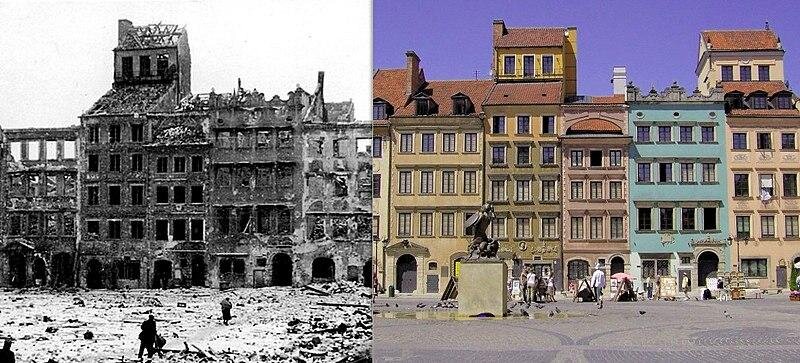 Zdjęcie składa się z dwóch części. Po lewej stronie zniszczone kamienice. Po prawej stronie zdjęcie tych samych kamienic po całkowitej odbudowie. 