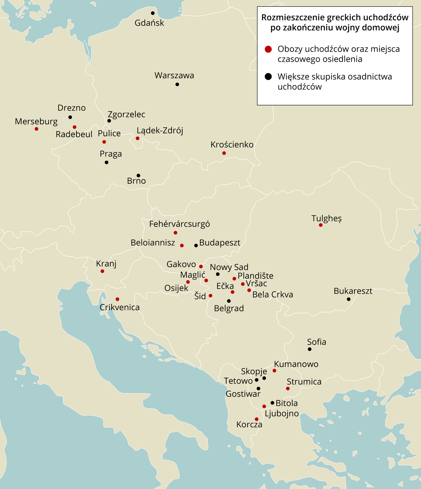 Mapa ukazująca rozmieszczenie greckich uchodźców po zakończeniu wojny domowej. Obozy dla uchodźców i większe skupiska ich osadnictwa znajdowały się na terenie Polski, NRD, Czechosłowacji, Jugosławii, Węgier, Rumunii i Bułgarii. 