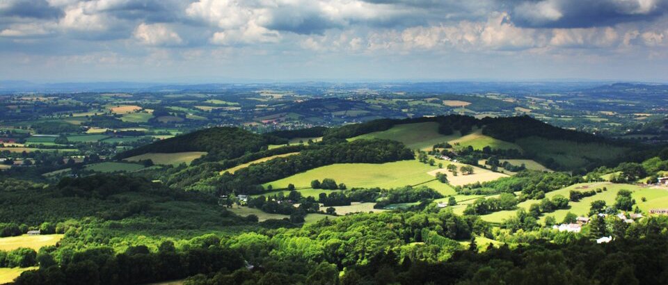 Fotografia przedstawiająca obraz wyżyn w kolorze jasno i ciemnozielonym. Widać pola i lasy. Niebo jest nieco zachmurzone.