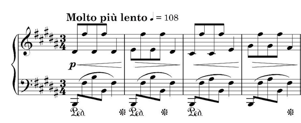 Ilustracja przedstawia zapis nutowy części utworu „Scherzo h‑moll” op. 20 Chopina.