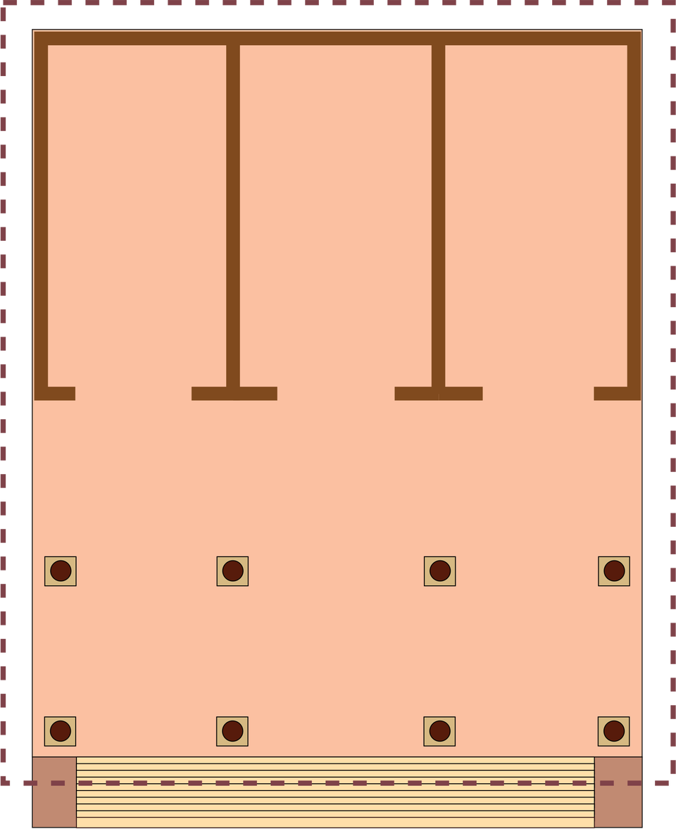 Plan typowej świątyni etruskiej wzorowany na Witruwiuszu, rekonstrukcja na podstawie świątyni Minerwy w Portonaccio z okresu archaicznego. W górnej części planu widoczne trzy prostokątne obszary o jednakowej powierzchni poniżej oznaczenia punktowe, symetrycznie rozmieszczone.