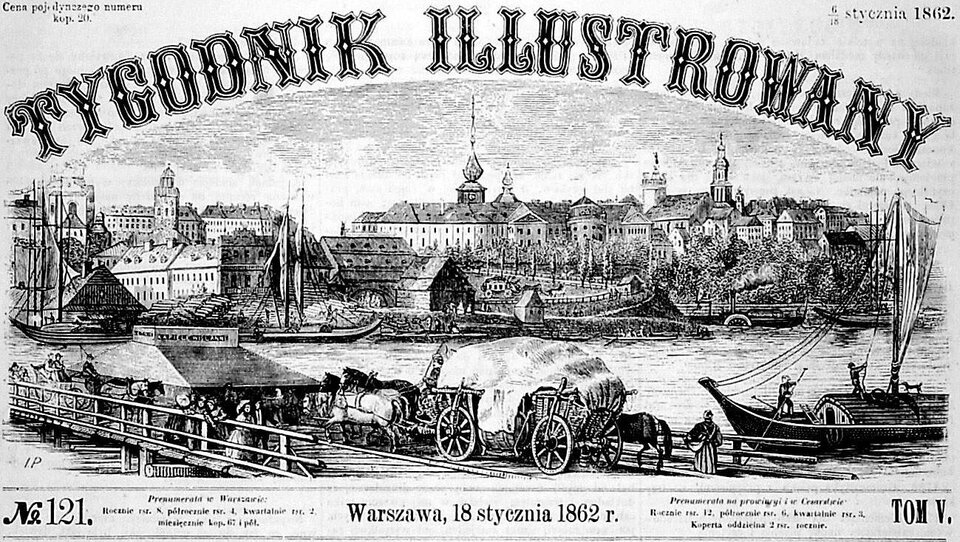 Ilustracja przedstawia stronę tytułową Tygodnika Ilustrowanego z 18 stycznia 1862 roku. Na Ilustracji znajduje się widok Warszawy od strony Wisły. Na rzece znajduje się drewniana tratwa, którą płyną ludzie oraz wozy zaprzęgnięte w konie. Po rzece pływają także łodzie żaglowe. Są one także przycumowane do drugiego brzegu Wisły. Tu także znajdują się liczne budynki, pałace, kościoły, kamienice.