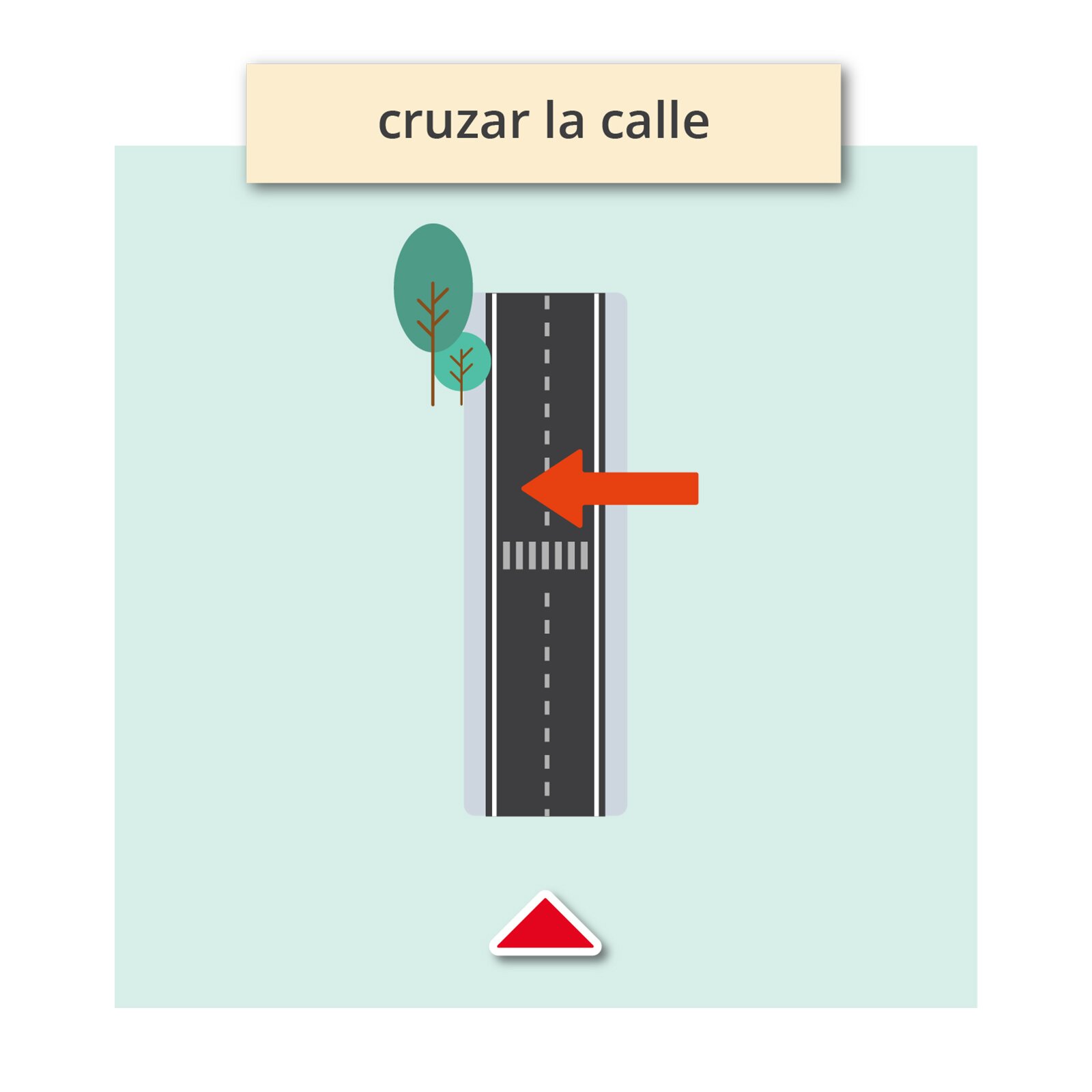 Na obrazku widoczna jest ulica. Z boku strzałka biegnąca w poprzek ulicy. Podpis: cruzar la calle.