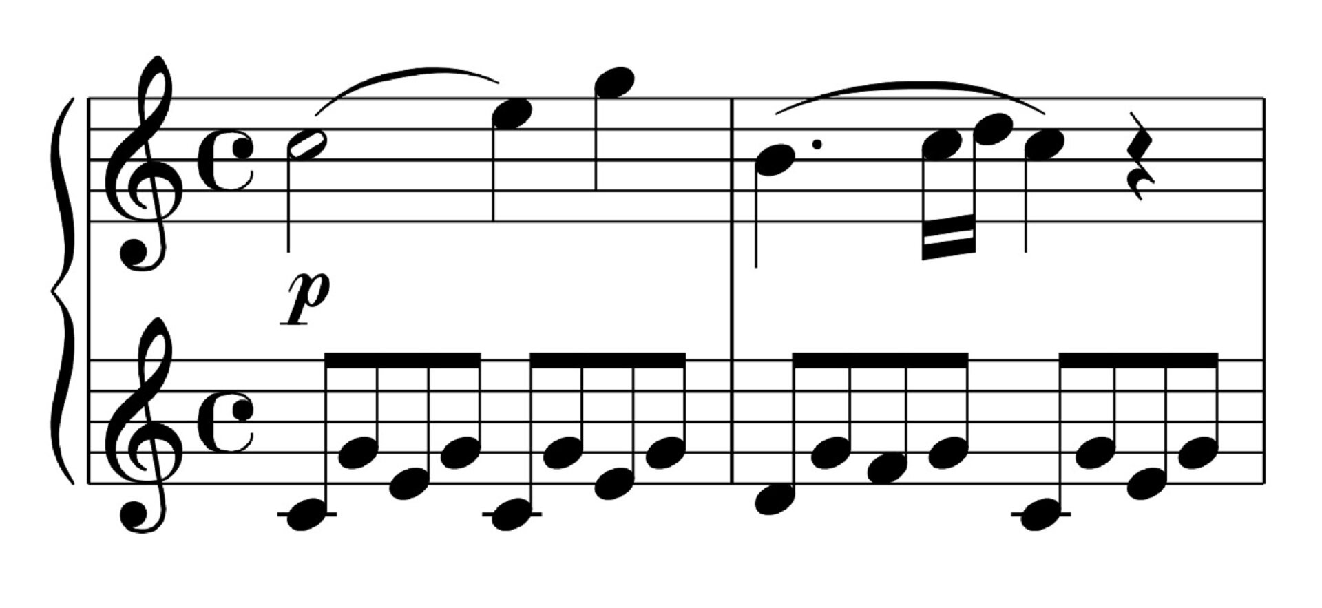 Ilustracja przedstawia zapis nutowy początku pierwszej części sonaty fortepianowej C‑dur nr 16 Semplice KV 545 W. A. Mozarta z przykładem basu Albertiego.