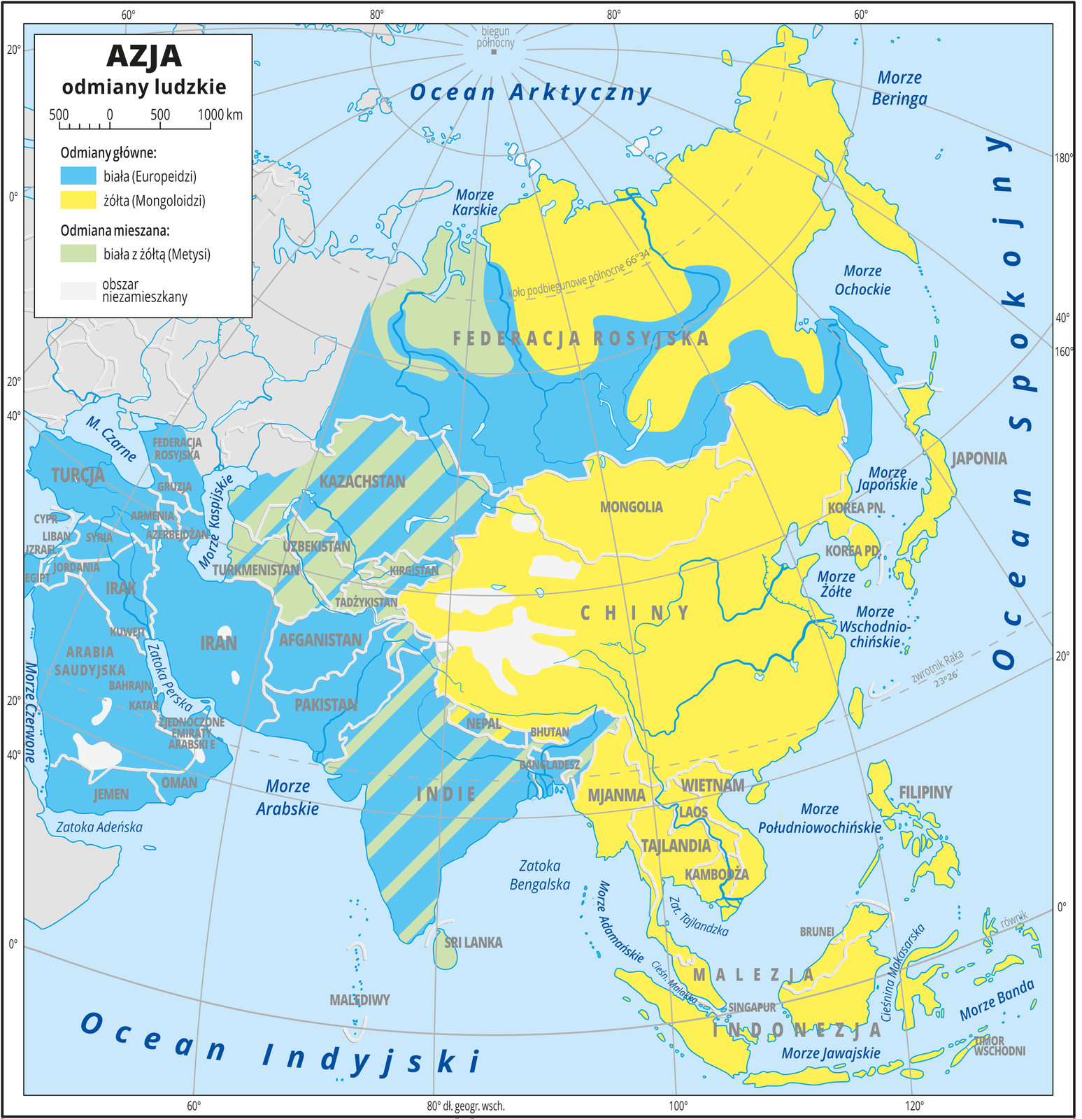 Ilustracja przedstawia mapę odmian ludzkich w Azji. W lewym górnym rogu umieszczono legendę, w której podano podziałkę liniową od zera do tysiąca kilometrów co pięćset. Opisano tu także odmiany główne: rasa biała – Europeidzi oznaczona jest kolorem niebieskim, rasa żółta – Mongoloidzi oznaczona jest kolorem żółtym. Odmiany mieszane to rasa biała z żółtą – Metysi oznaczona na mapie kolorem jasnozielonym. Kolorem szarym oznaczono obszary niezamieszkane. Najwięcej obszarów Azji pokrywa kolor niebieski oznaczający odmianę białą (na południu i w środkowej części Azji. Są to: Turcja, Cypr, Liban, Izrael, Egipt, Jordania, Syria, Federacja Rosyjska, Gruzja, Armenia, Azerbejdżan, Armenia, Irak, Kuwejt, Arabia Saudyjska, Bahrajn, Katar, Zjednoczone Emiraty Arabskie, Jemen, Oman, Iran, Afganistan, Pakistan), i żółty – Mongoloidzi (na północnym‑wschodzie i południowym- wschodzie Azji. Są to: północna część Federacji Rosyjskiej, Mongolia, Chiny, Mjanma, Wietnam, Laos, Tajlandia, Kambodża, Malezja, Indonezja, Timor Wschodni, Filipiny, Korea Północna i Południowa, Japonia). Państwa nad Morzem Kaspijskim i nad Morzem Karskim zamieszkuje odmiana mieszana – Metysi. Część obszarów pokrywają kolorowe pasy oznaczające, że występuje tam ludność różnych odmian (głównie Indie i Kazachstan, ale także Turkmenistan, Uzbekistan, Kirgistan, Tadżykistan, Nepal i Sri Lanka). Obszary niezamieszkane znajdują się w zachodniej części Chin. Na mapie opisano także wody. Od północy są to: Ocean Arktyczny z zaznaczonym biegunem północnym, Morze Karskie, Morze Beringa, Morze Ochockie, Ocean, Spokojny, Morze Japońskie, Morze Żółte, Morze Wschodnio‑Chińskie, Morze Południowo‑Chińskie, Morze Banda, Morze Jawajskie, Zatoka Tajlandzka, Morze Adamańskie, Zatoka Bengalska, Ocean Indyjski, Morze Arabskie, Zatoka Adeńska, Morze Czerwone, Zatoka Perska, Morze Kaspijskie i Morze Czarne. Dookoła mapy w białej ramce opisano współrzędne geograficzne co dwadzieścia stopni. W legendzie umieszczono i opisano kolory użyte na mapie.
