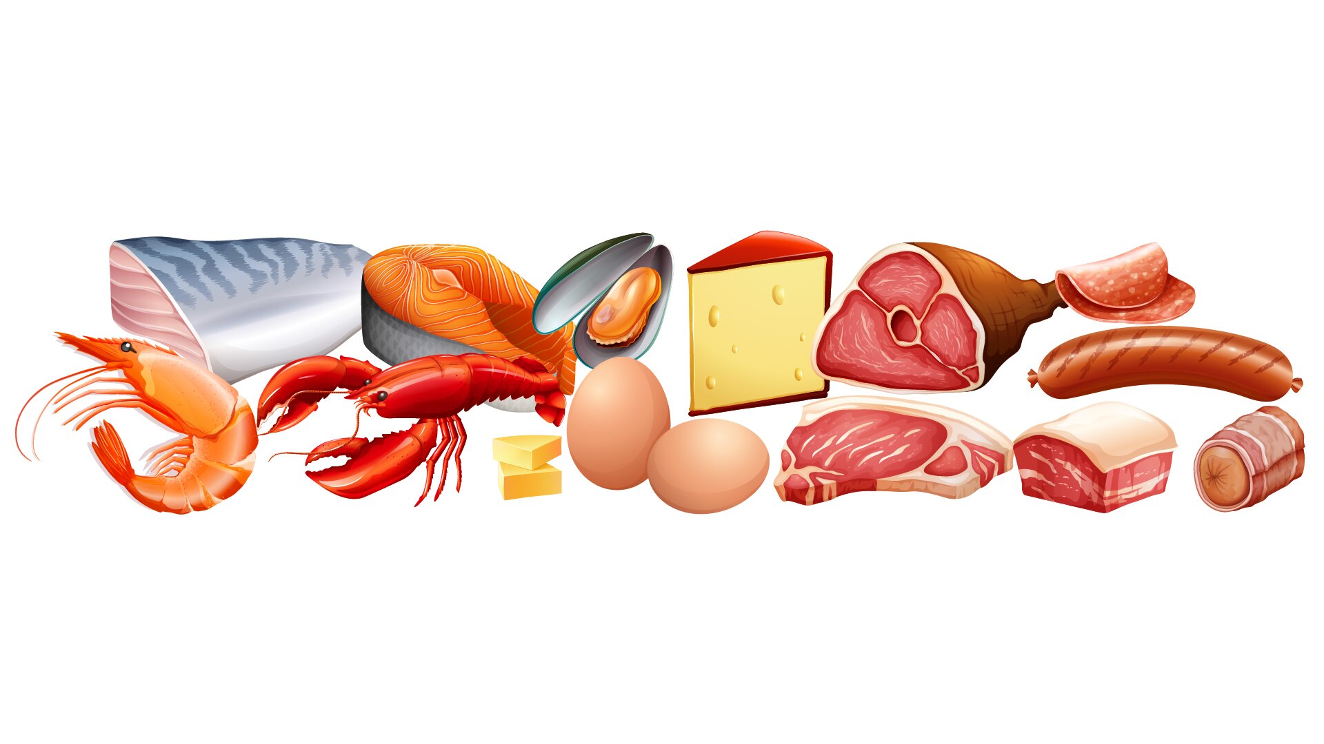 Grafika przedstawia przykładowe źródła białka. Widoczne są ryby, owoce morza, jaja, ser żółty, mięsa oraz wędliny.