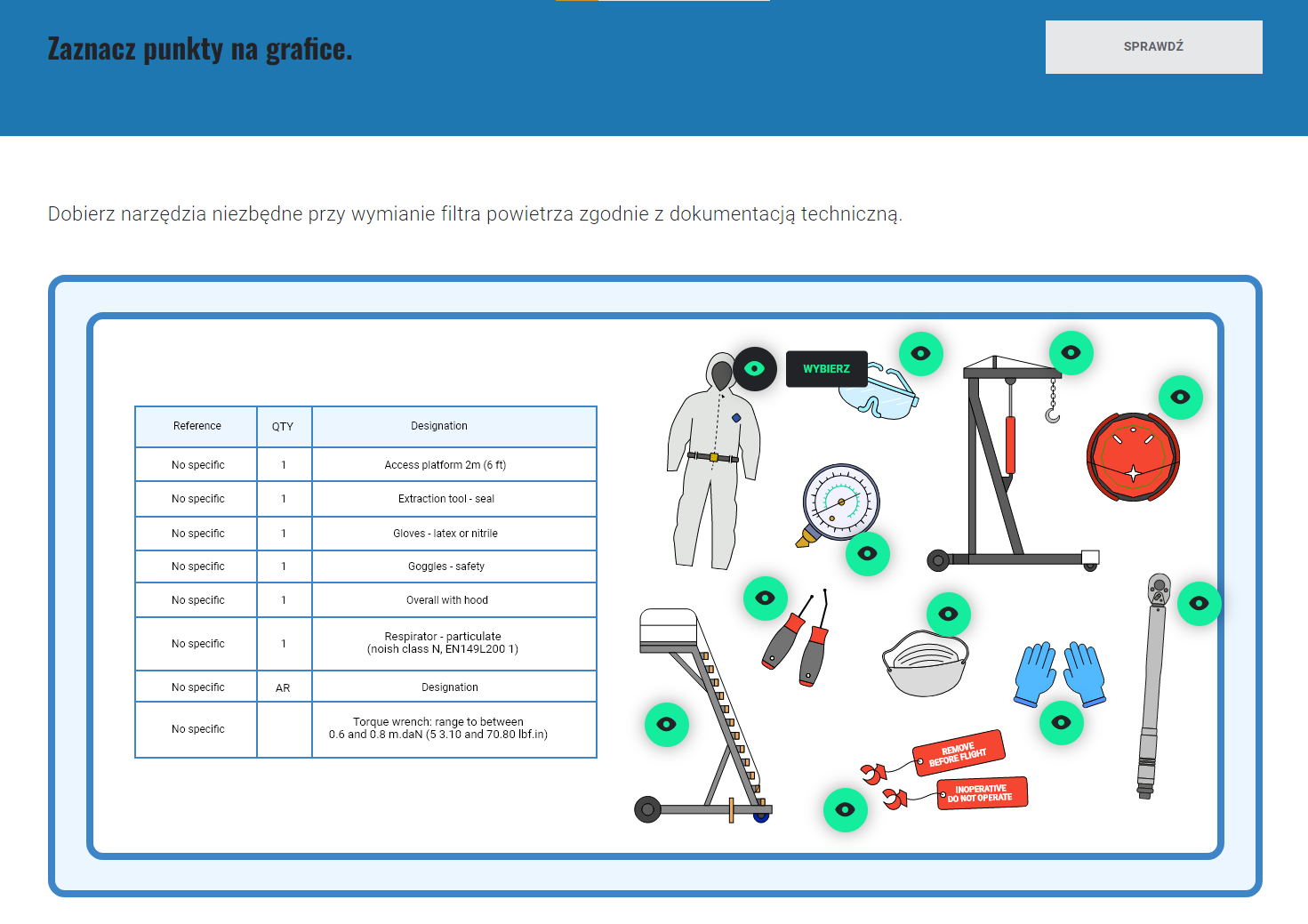Zadanie z zaznaczaniem prawidłowych elementów na planszy