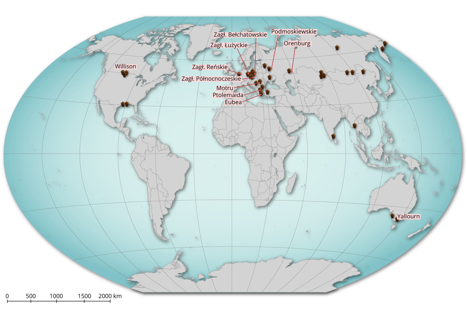 Mapa przedstawia główne obszary wydobycia węgla brunatnego na świecie. Są to: Willison w USA, Eubea, Ptolemaida, Motru, Zagłębie Północnoczeskie, Zagłębie Reńskie, Zagłębie Łużyckie, Zagłębie Bełchatowskie, Podmoskiewskie, Orenburg, Yallourn.