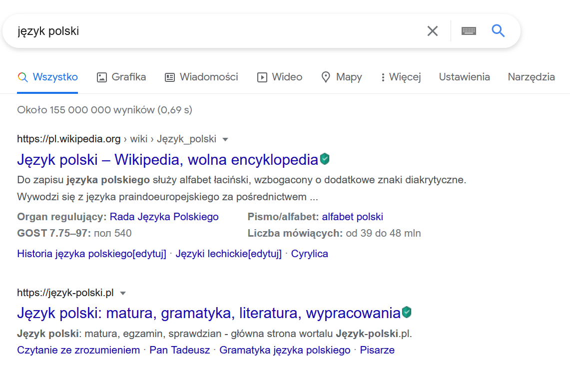 Zrzut ekranu przedstawia wyniki wyszukiwania google pod hasłem: język polski.