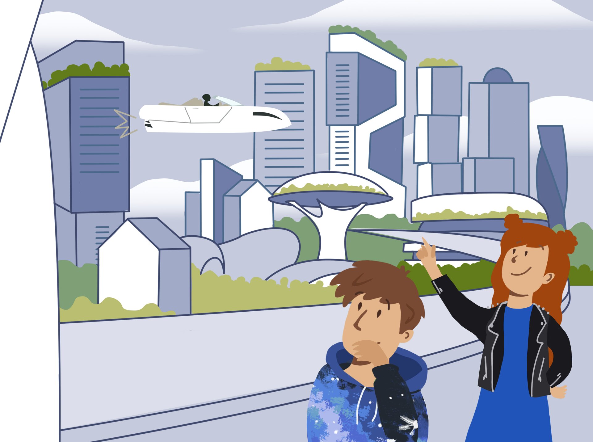 Ilustracja przedstawia futurystyczną wizję. Leonie i Adam stoją w mieście, w którym są wieżowce, na których szczytach rosną drzewa. Między wieżowcami poruszają się latające samochody 