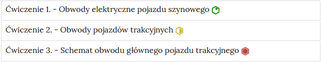 Zrzut ekranu przedstawia przykładowy wygląd zakładek z interaktywnymi materiałami sprawdzającymi. Widoczne są trzy numerowane zakładki z ćwiczeniami wraz z ich tytułami.