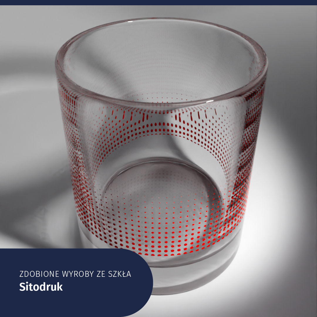 Ilustracja przedstawia szklankę ze wzorem. Jej ścianki pokryte są czerwonymi kropkami. Podpisano Zdobione wyroby ze szkła. Sitodruk. 