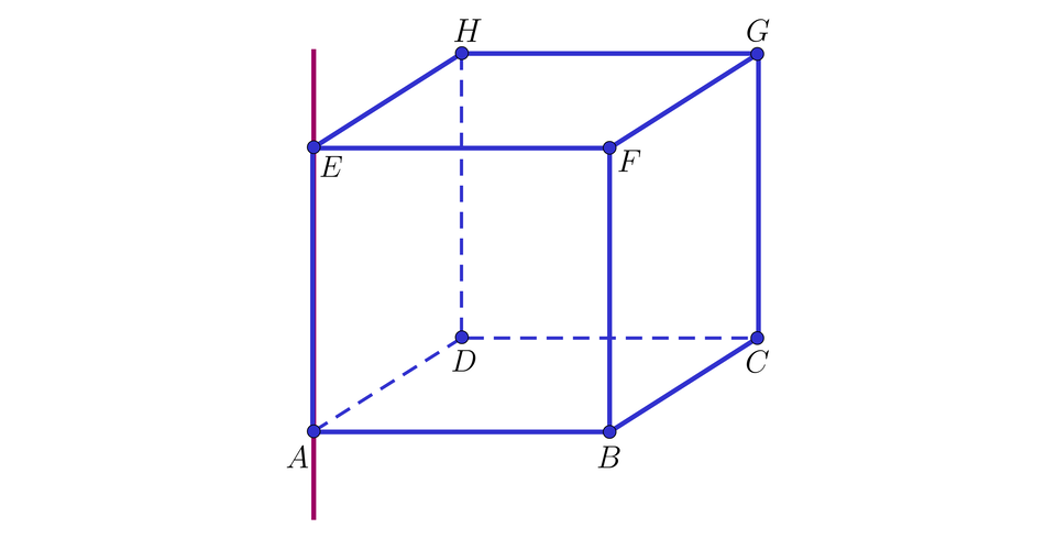 Ilustracja przedstawia sześcian A B C D E F G H, gdzie wierzchołek E znajduje się nad A, wierzchołek F nad B, wierzchołek G nad C, wierzchołek H nad D. Przez odcinek A E poprowadzono czerwoną prostą. 